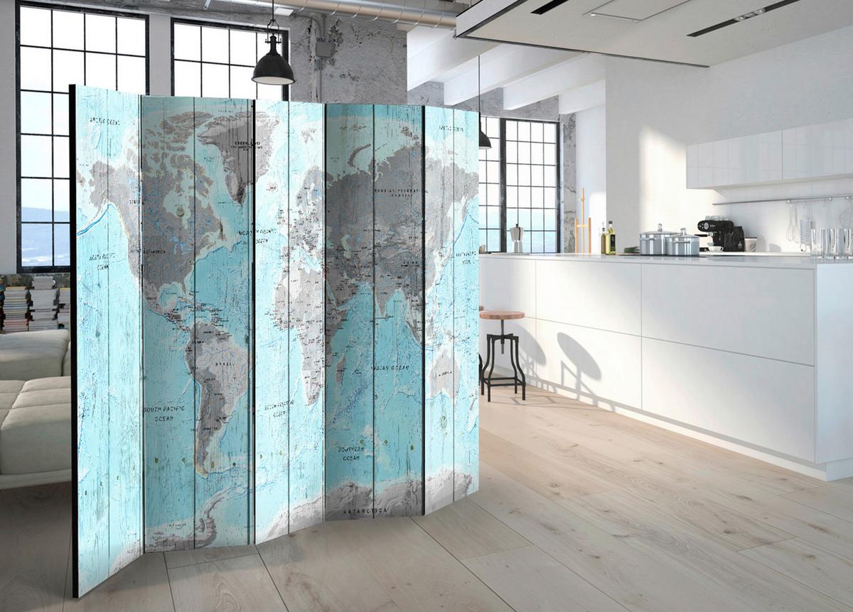Paravan Wooden Travels, 5-Delni, Dvostranski - svetlo modra/svetlo siva, Basics, tekstil/les (225/172/3cm) - artgeist