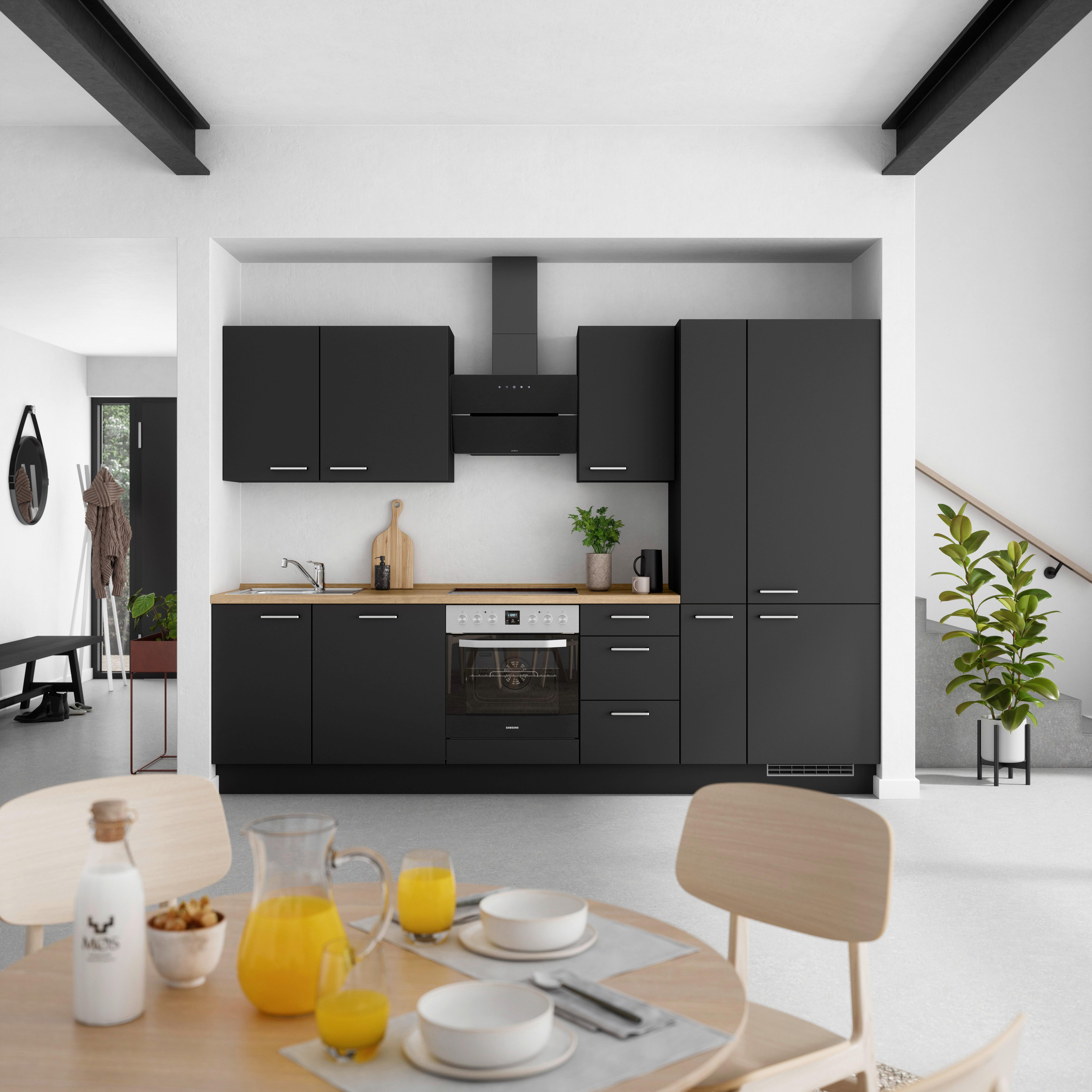 Küchenblock Touch High m. Geräten Schwarz - Edelstahlfarben/Eichefarben, MODERN, Holzwerkstoff/Metall (300cm) - Nobilia