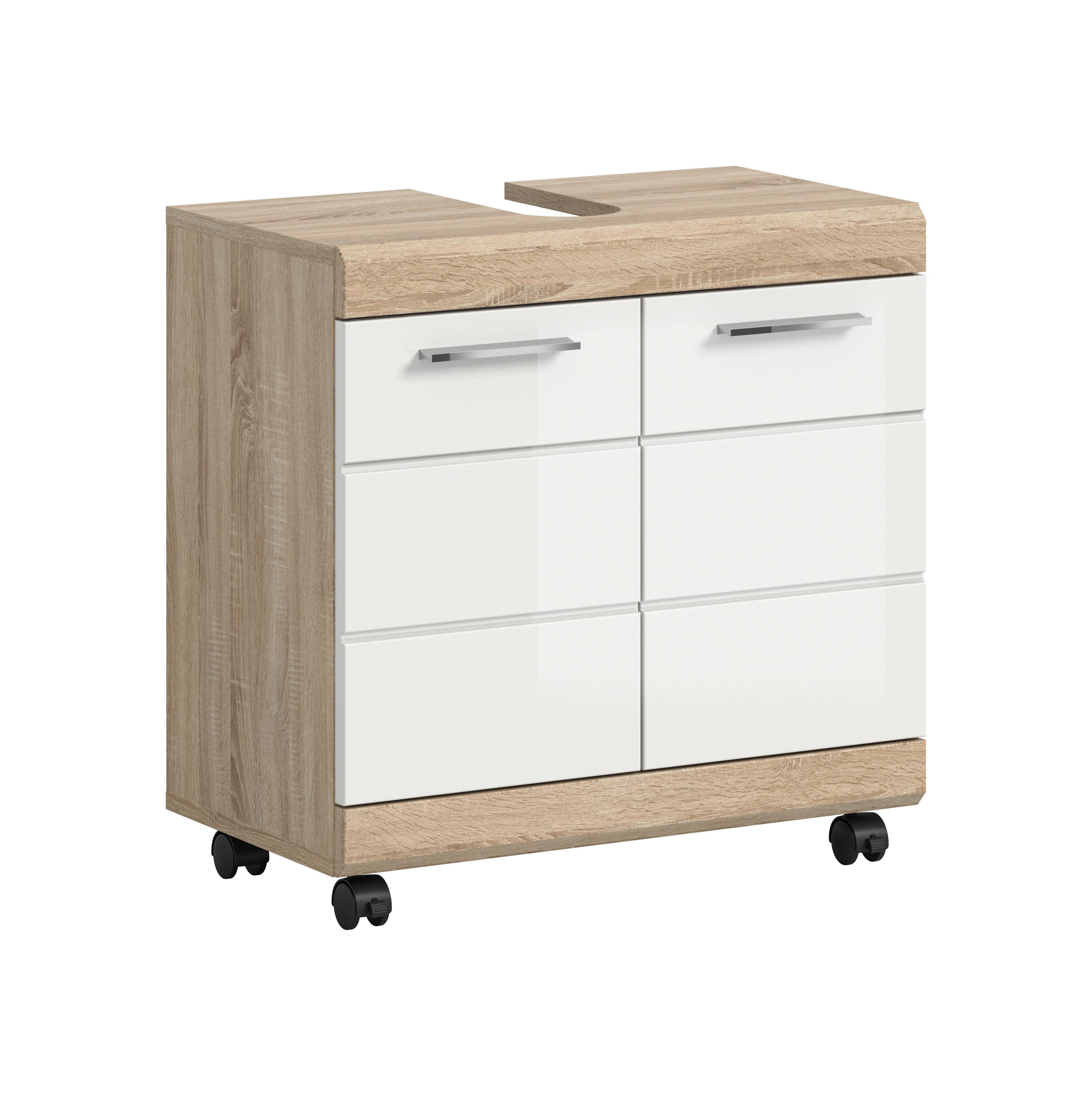 Waschbeckenunterschrank Lambada Weiß HG/Sonoma Eiche - Weiß Hochglanz/Silberfarben, Trend, Holzwerkstoff/Kunststoff (60/60/34cm) - MID.YOU