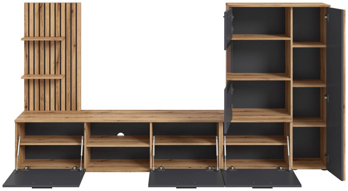 Wohnwand Mailand Anthrazit/Eichefarben - Eichefarben/Anthrazit, MODERN, Glas/Holzwerkstoff (250/135/38cm) - Based