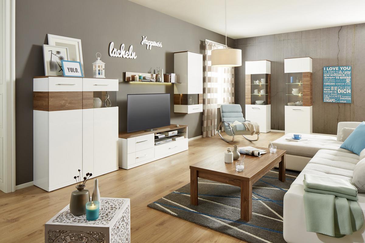 Highboard in Weiß Hochglanz - Weiss/Akaziefarben, Modern, Holzwerkstoff (104/137/40cm) - Premium Living