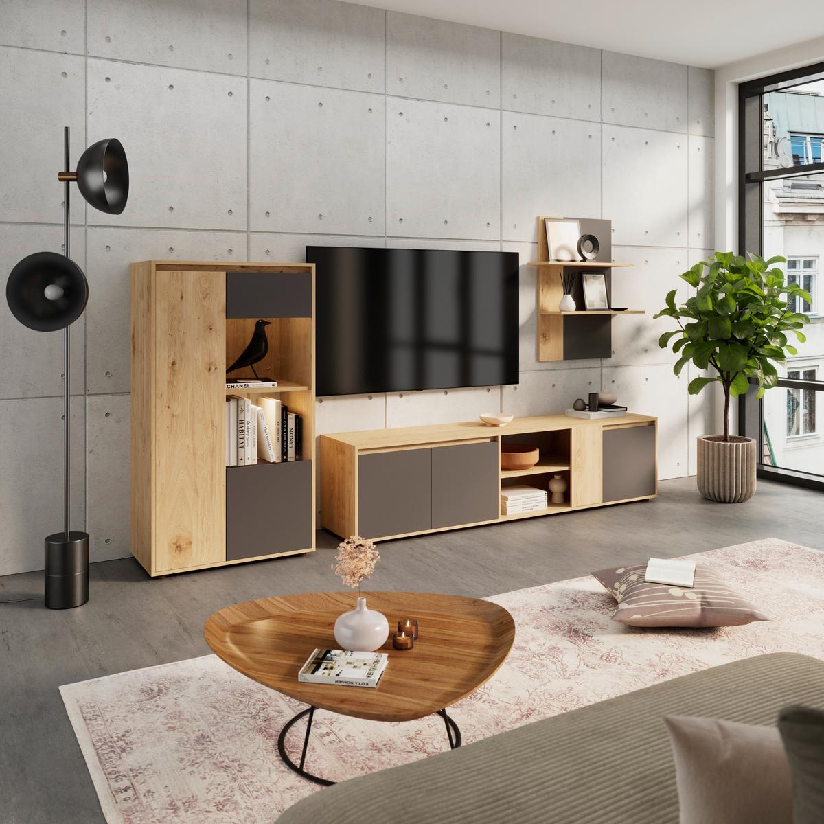 Ansamblu mobilier camera de zi CANEVA - stejar Artisan/antracit, Modern, sticlă/material pe bază de lemn (268/134/40,3cm) - Modern Living