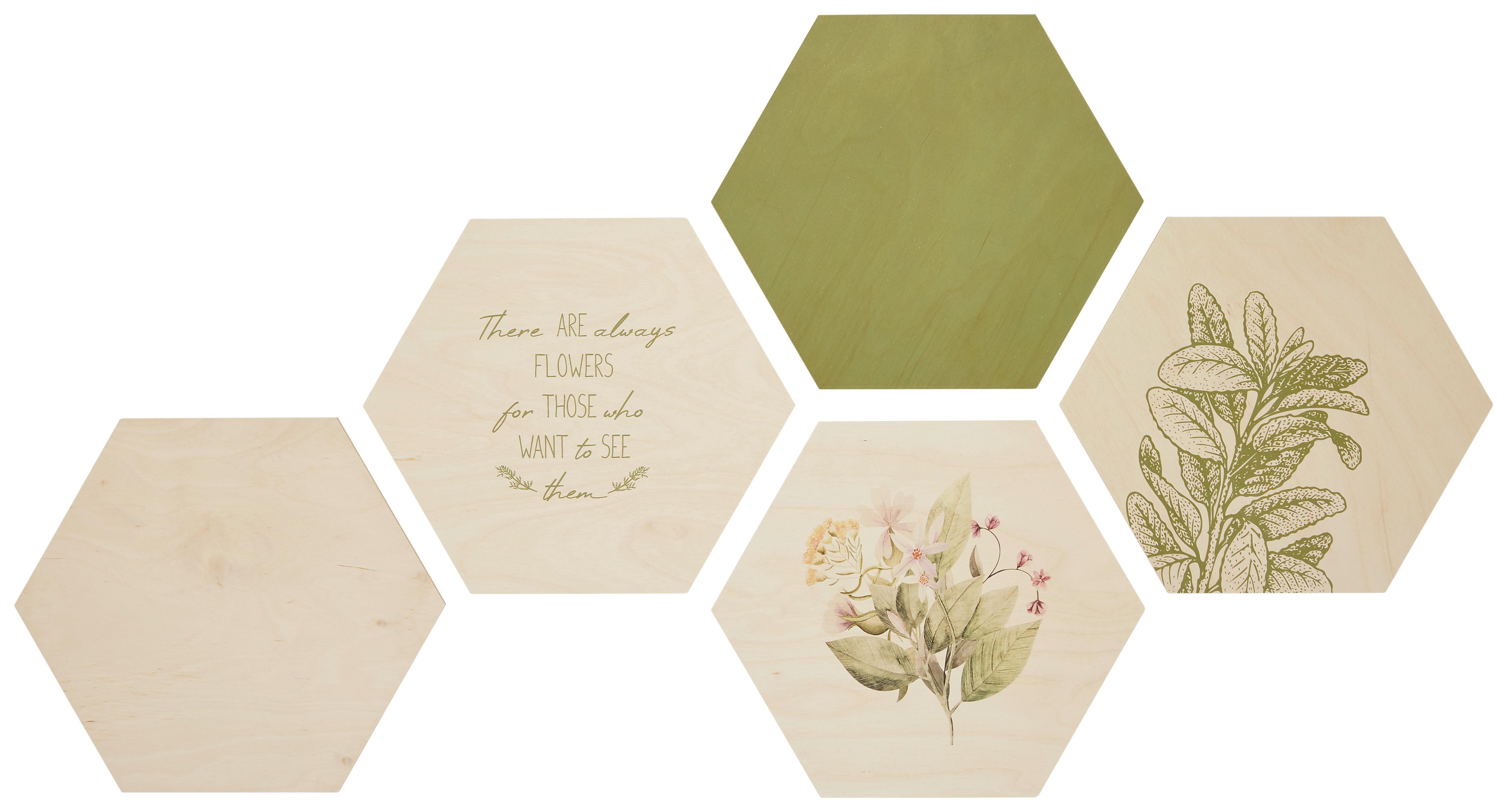 tableau Hexagon, 5er Set - vert clair/vert, bois (30/25cm) - Modern Living
