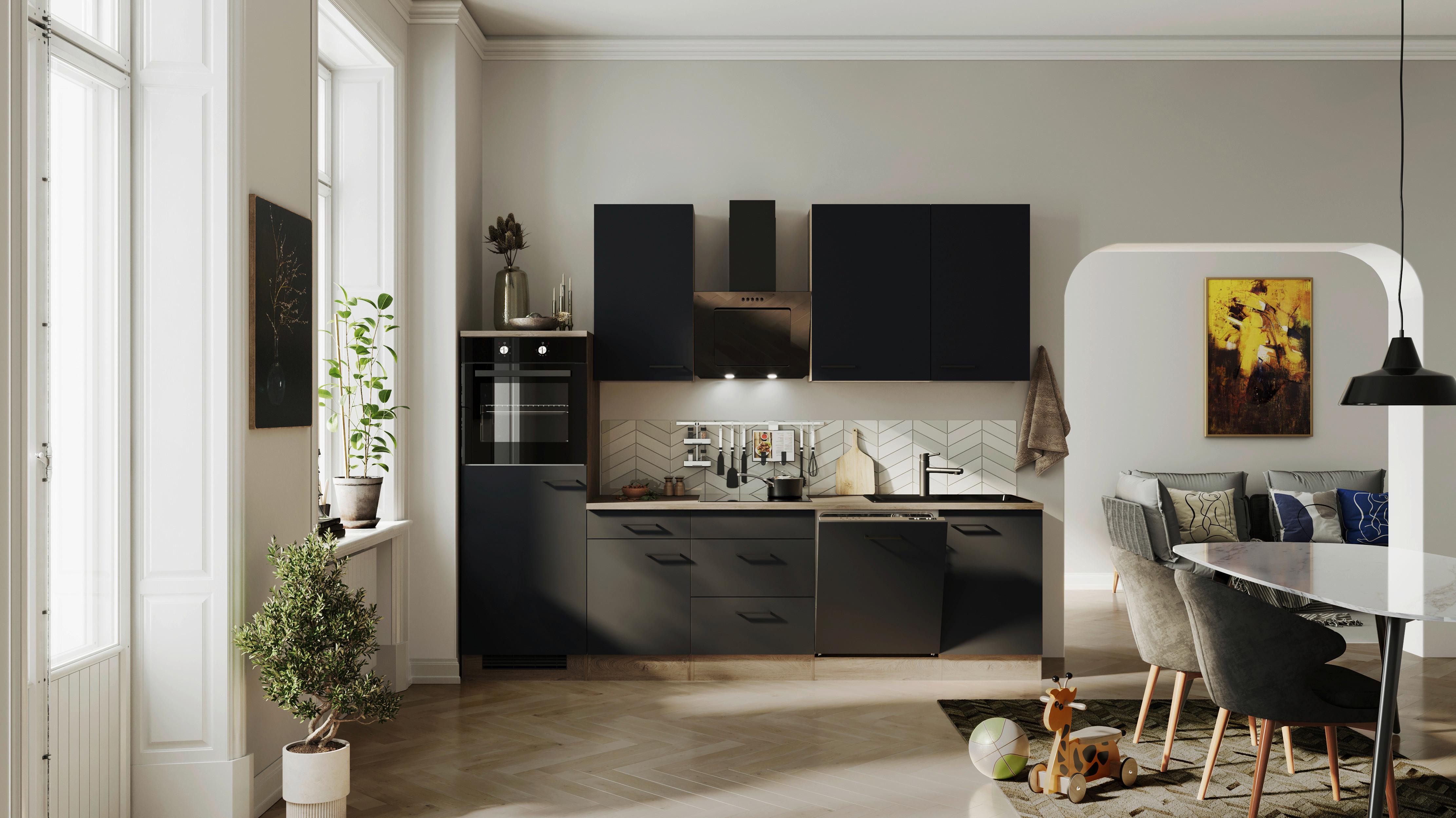 Kuhinjski Blok Z Aparati Capri, Črna, Barva Hrasta - črna/barve hrasta, Basics, kovina/leseni material (280cm) - FlexWell