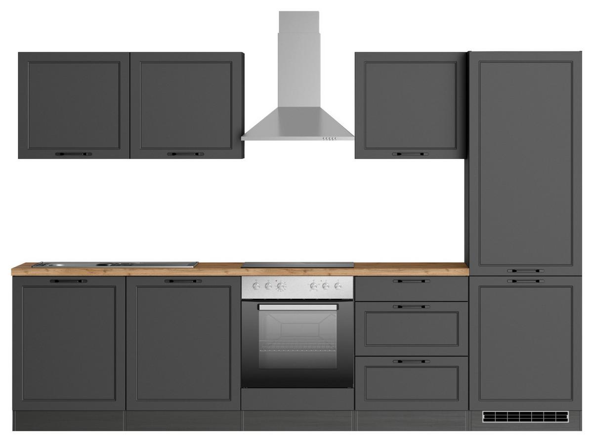 Küchenzeile Meran mit Geräte ca. 300 cm Grau/Eiche - Eiche Wotan/Schwarz, LIFESTYLE, Holzwerkstoff/Metall (300cm) - Held