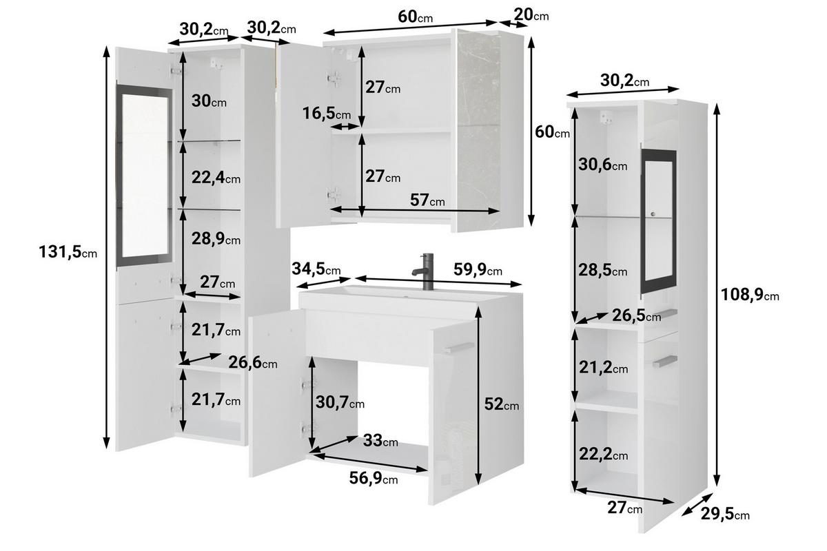 Badmöbel-Set 5-tlg. Madrit mit LED ca. 140 cm Hellgrau - Hellgrau/Weiß, LIFESTYLE, Glas/Keramik (120,4/131,5/30,2cm) - P & B