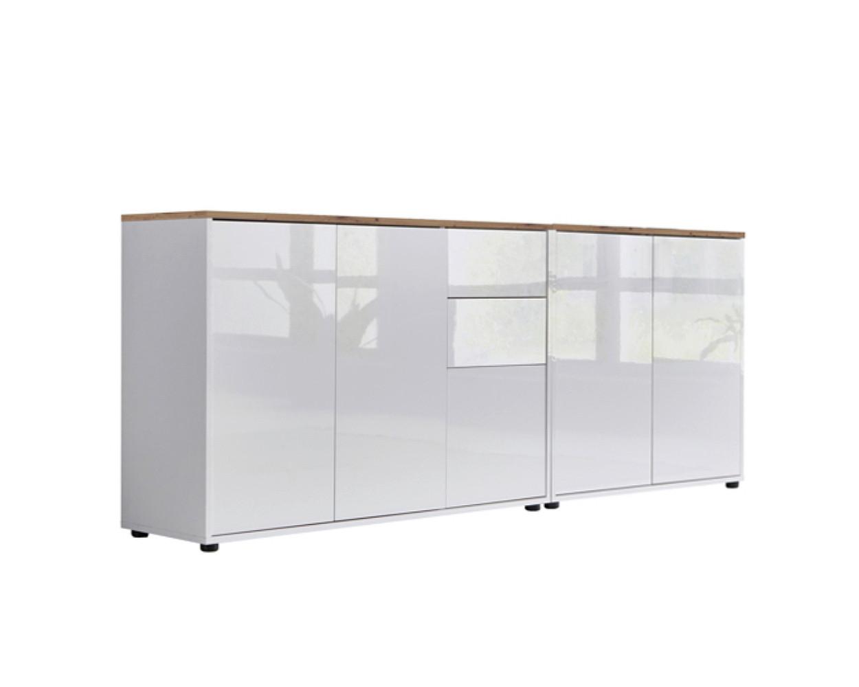 Sideboard Mailand Set 10 Weiß/Eiche - Weiß Hochglanz/Schwarz, MODERN, Holzwerkstoff/Kunststoff (184,5/73/33cm) - MID.YOU