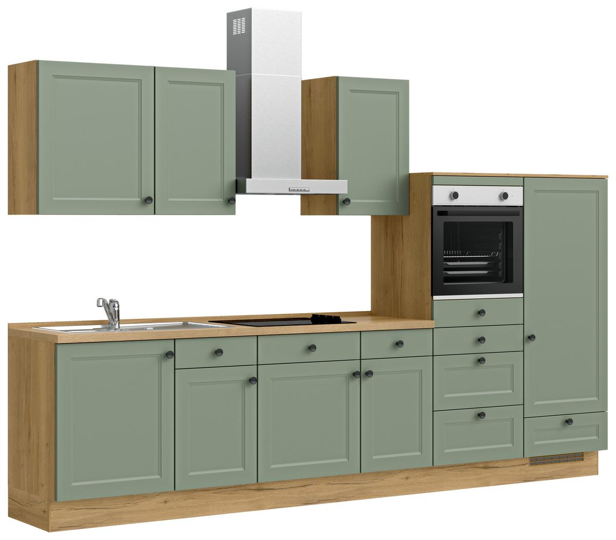 Küchenblock Cascada Low m. Geräten Schilfgrün - Schilfgrün/Eichefarben, MODERN, Holzwerkstoff/Metall (330cm) - Nobilia