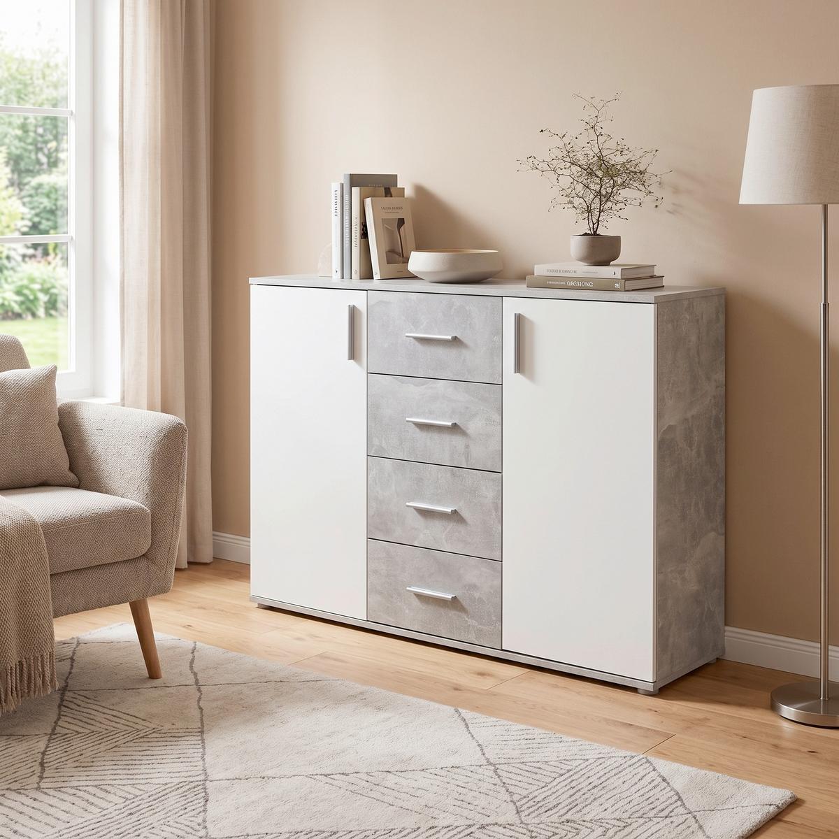 Komoda Ina 03, Siva, Bela - bela/barve aluminija, Moderno, umetna masa/leseni material (132/94,8/38,3cm) - Mömax