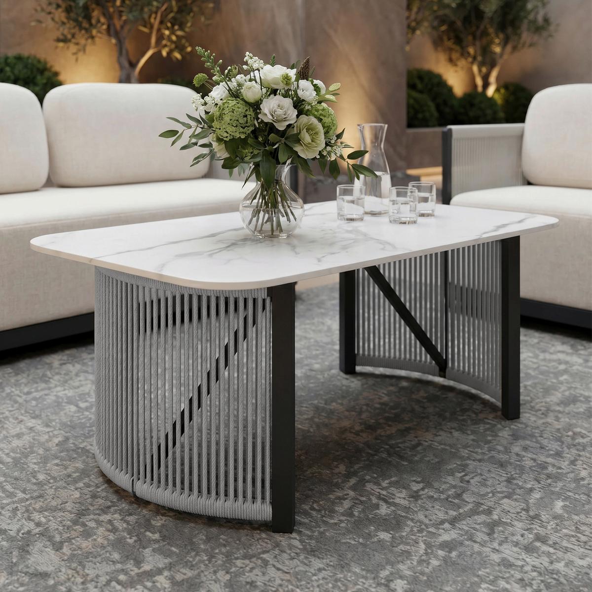 Loungegarnitur Coralie Creme Metall/Outdoorstoff +Abdeckung - Anthrazit/Creme, MODERN, Textil/Stein (155/62cm) - Bessagi Garden
