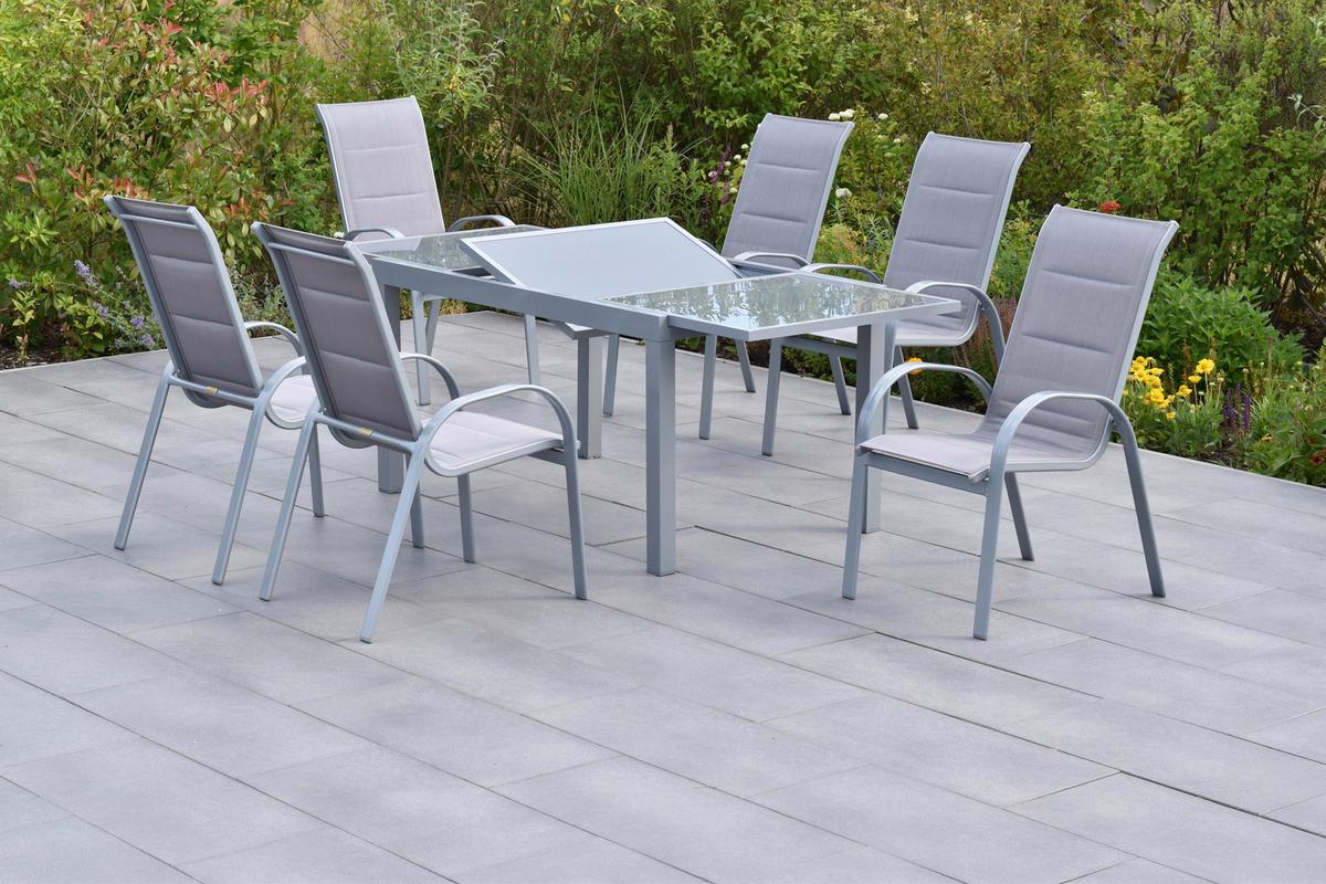 Vrtni Set Amalfi, 7-delni, Raztegljiva Miza - srebrne barve/rjava, Moderno, kovina/tekstil - Gardenson