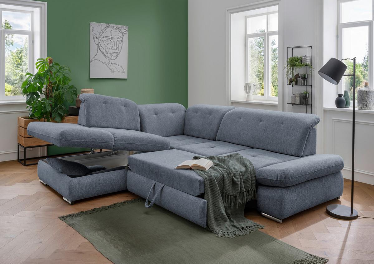 Wohnlandschaft Dalida Hellblau Chenille - Chromfarben/Hellblau, Design, Textil/Metall (254/280cm) - Livetastic