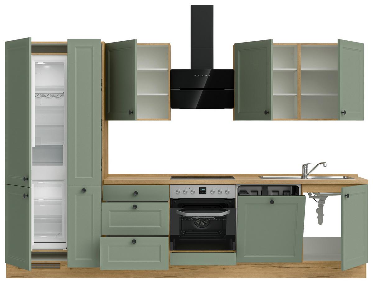 Küchenblock Cascada High m. Geräten Schilfgrün - Schilfgrün/Eichefarben, MODERN, Holzwerkstoff/Metall (330cm) - Nobilia