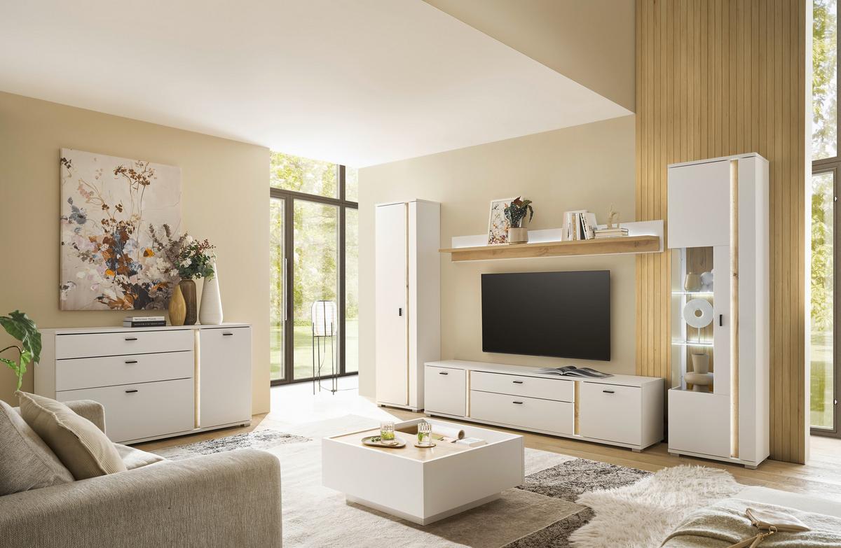 WOHNWAND LONG ISLAND - Eiche Wotan/Silberfarben, Design, Glas/Holzwerkstoff (330/200/42cm) - MID.YOU