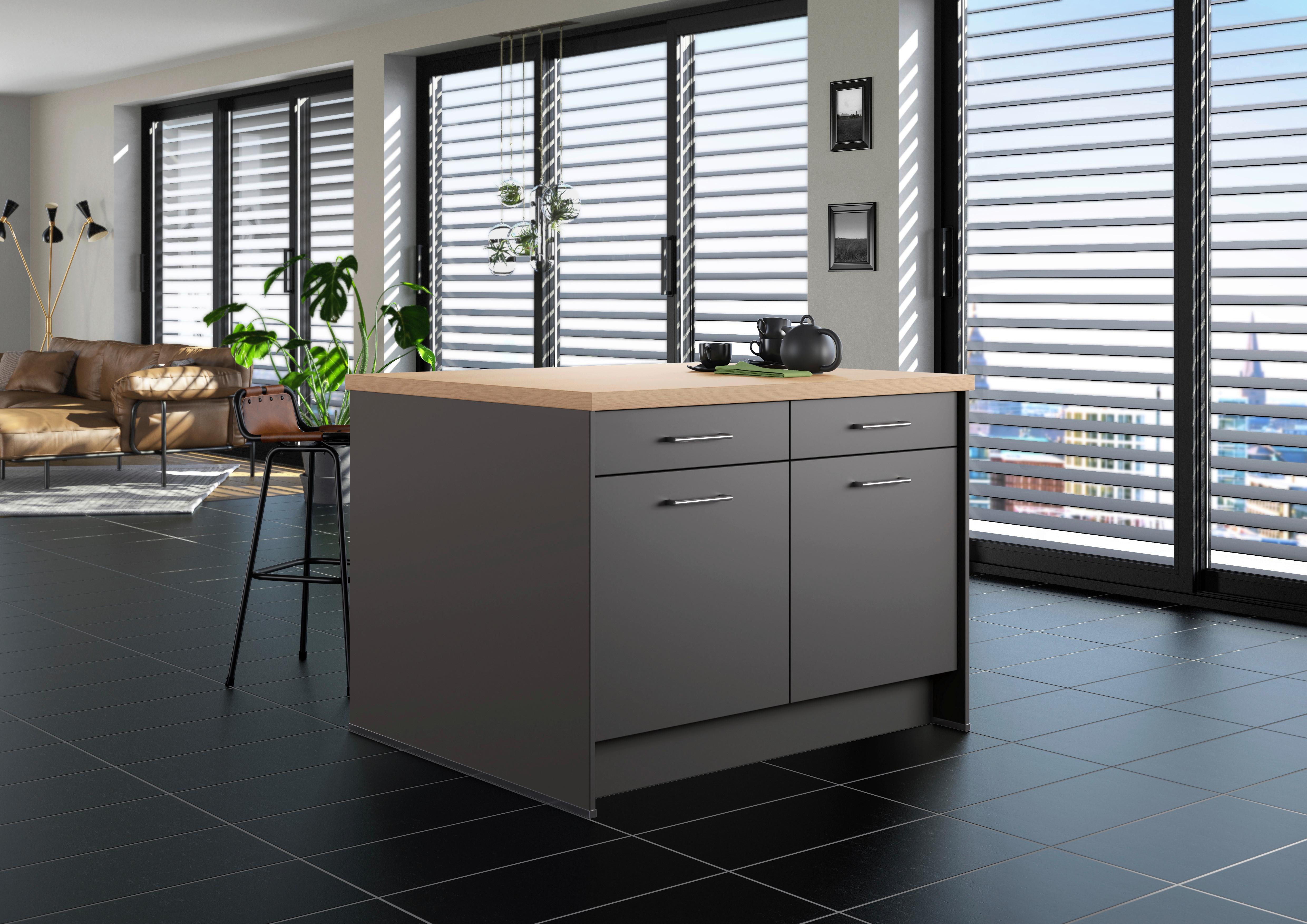 Kücheninsel IP1200 o. Geräte Graphitfarben - Edelstahlfarben/Eichefarben, Basics, Holzwerkstoff/Metall (123,4/91,8/96,6cm) - Impuls