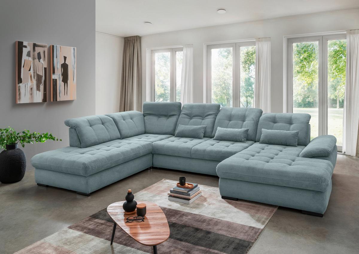 Wohnlandschaft Rigatti Hellblau Cord mit Bettkasten - Schwarz/Hellblau, MODERN, Textil/Metall (252/387/184cm) - Livetastic