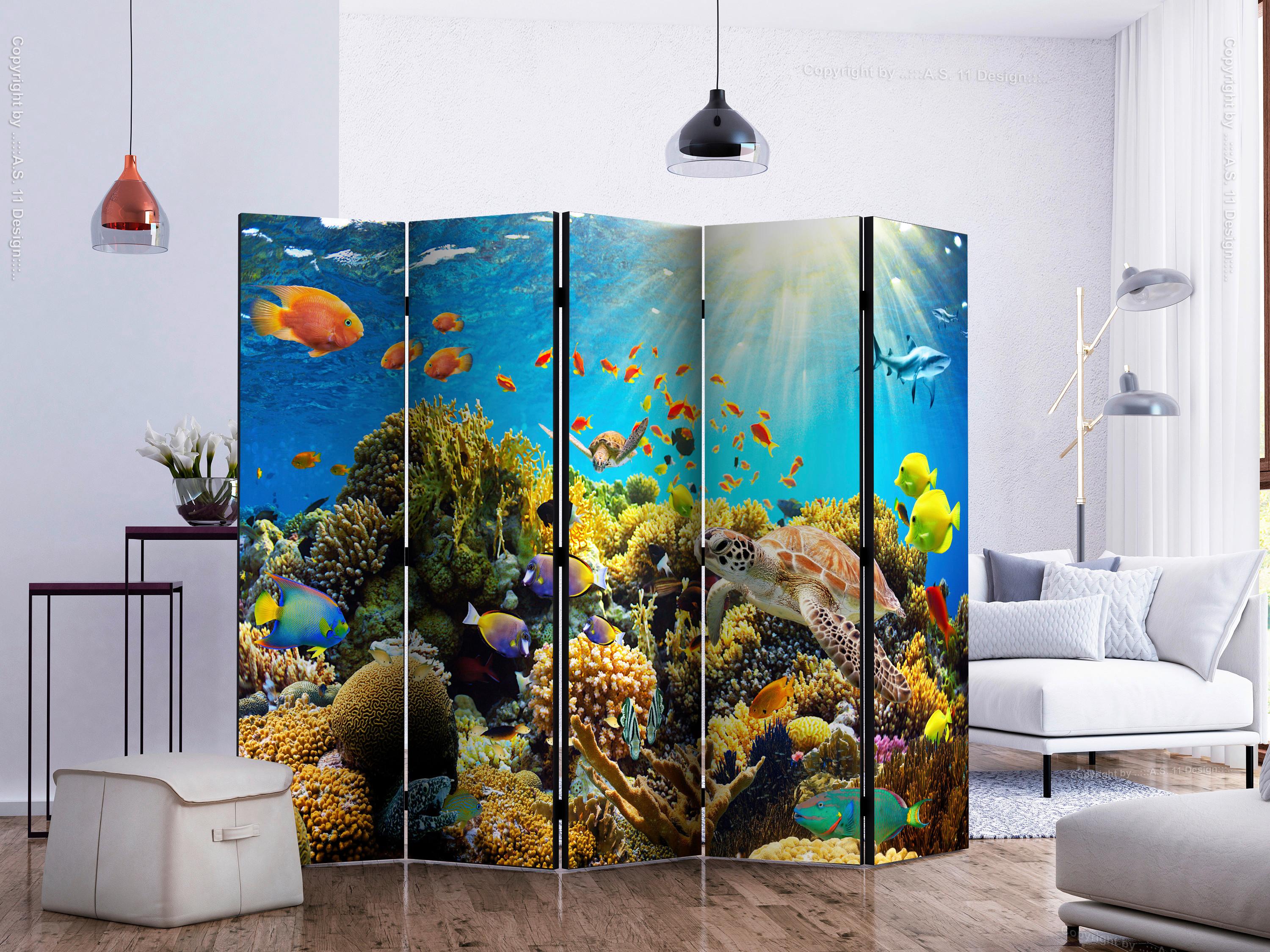 Paravan Underwater Land I, 5-Delni, Enostranski - modra/večbarvno, Basics, tekstil/les (225/172/3cm) - artgeist