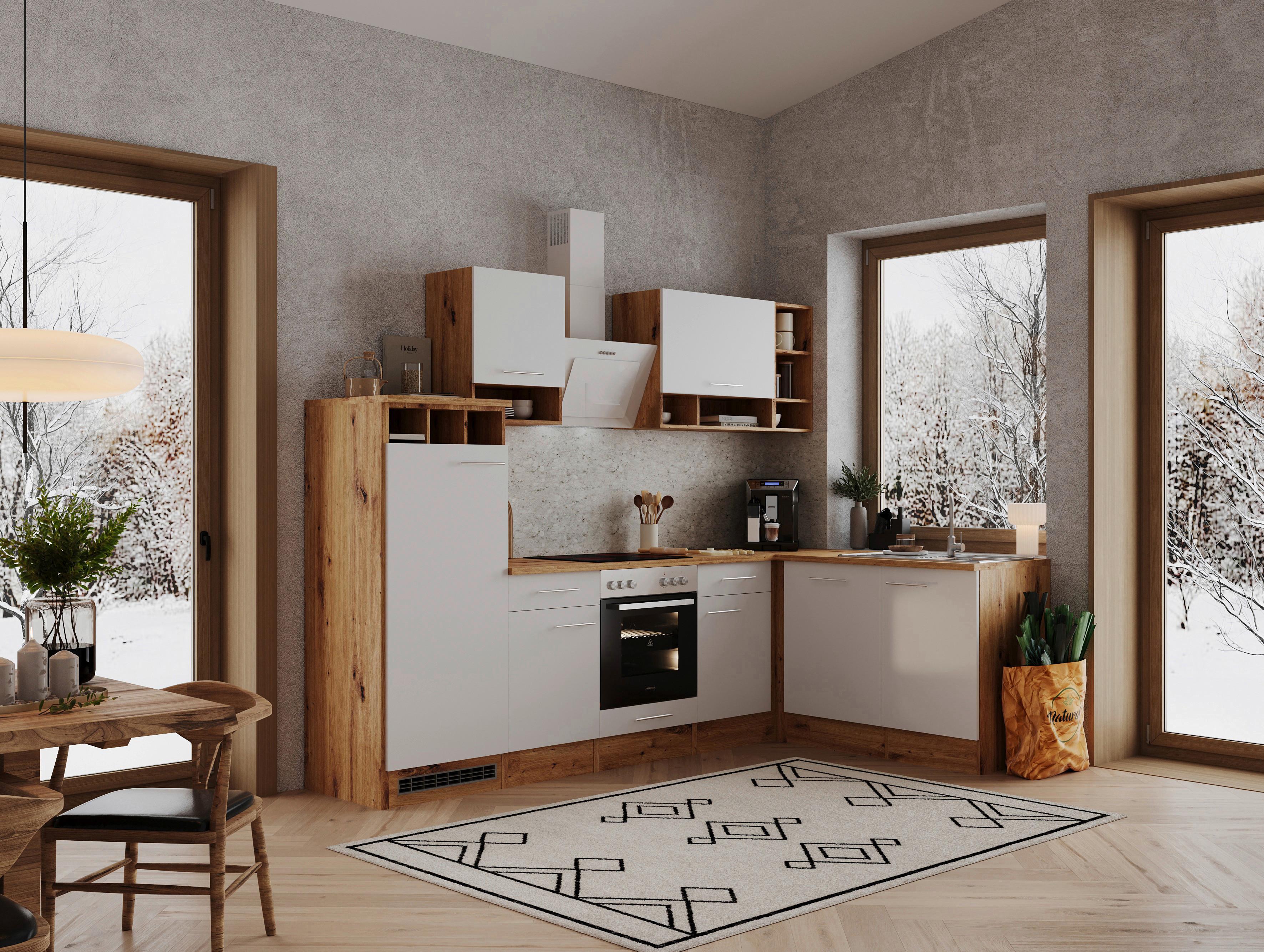 Eckküche Economy Weiß/Wildeiche ca. 280x172cm - Wildeiche/Alufarben, Basics, Holzwerkstoff/Metall (280/172/172cm) - Respekta