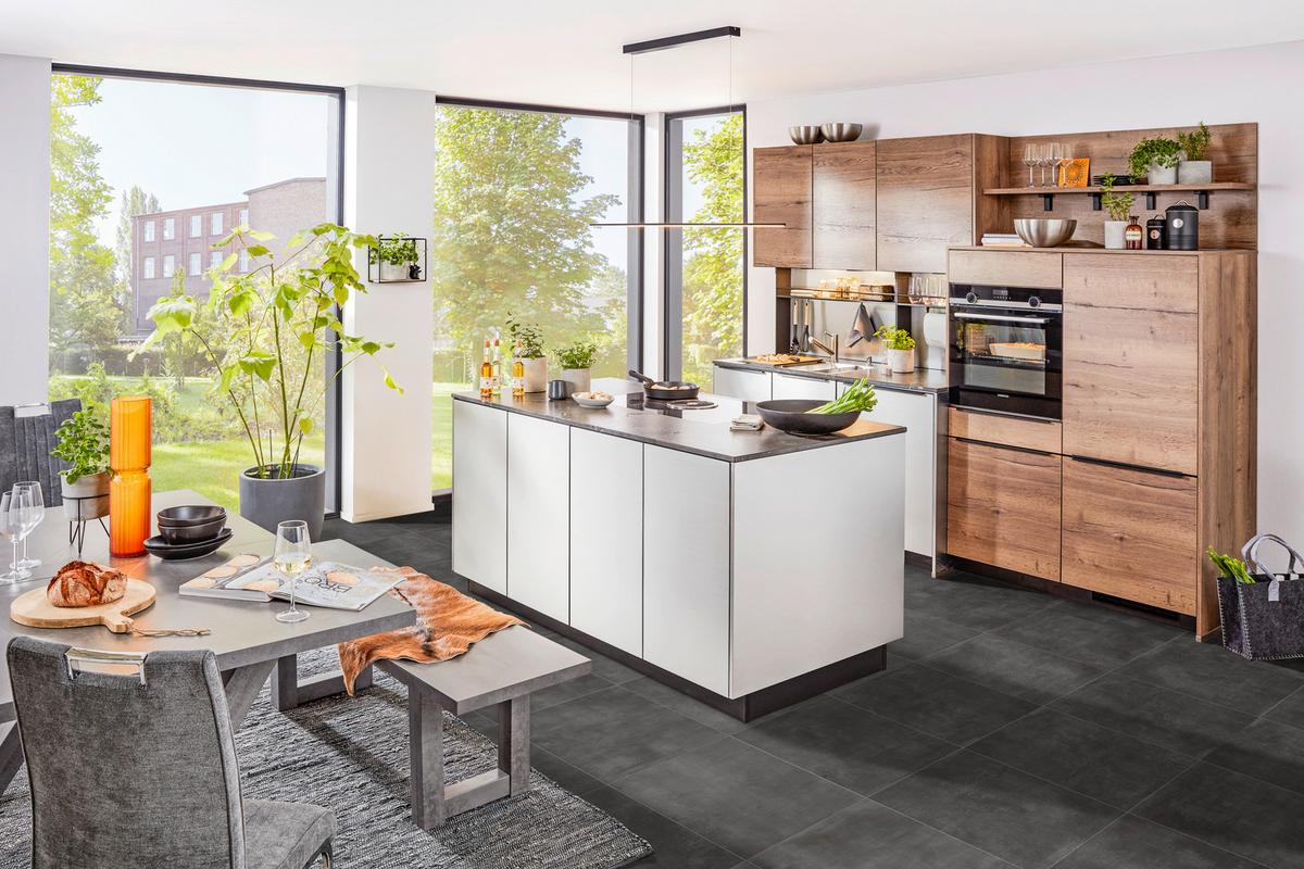 Einbauküche in Eichefarben/Edelstahlfarben - Edelstahlfarben/Eichefarben, MODERN, Holzwerkstoff/Metall (275/185cm) - Nobilia