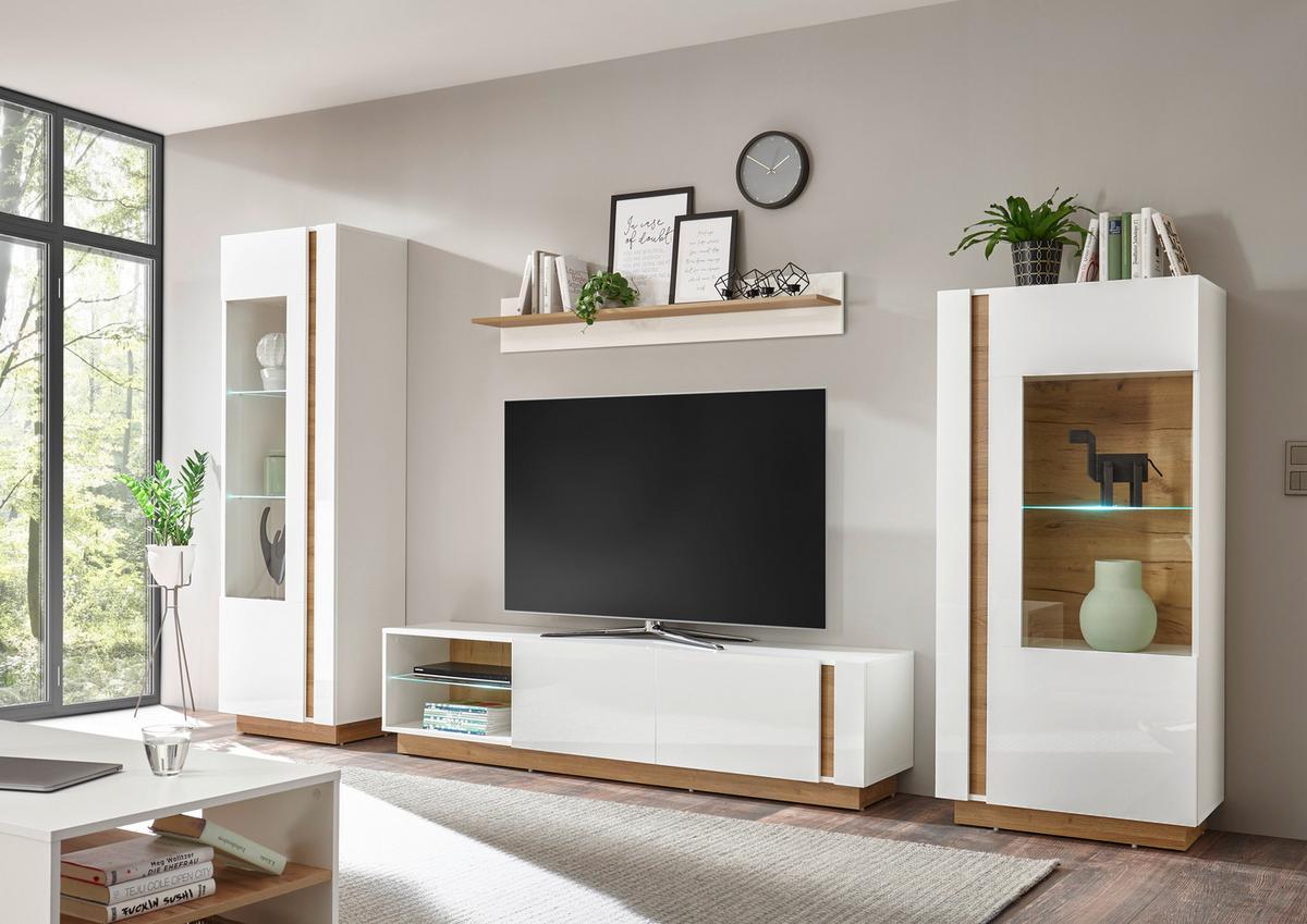 Wohnwand Clair Weiß/Eichefarben - Eichefarben/Weiß, Design, Glas/Holzwerkstoff (340/194/40cm) - MID.YOU