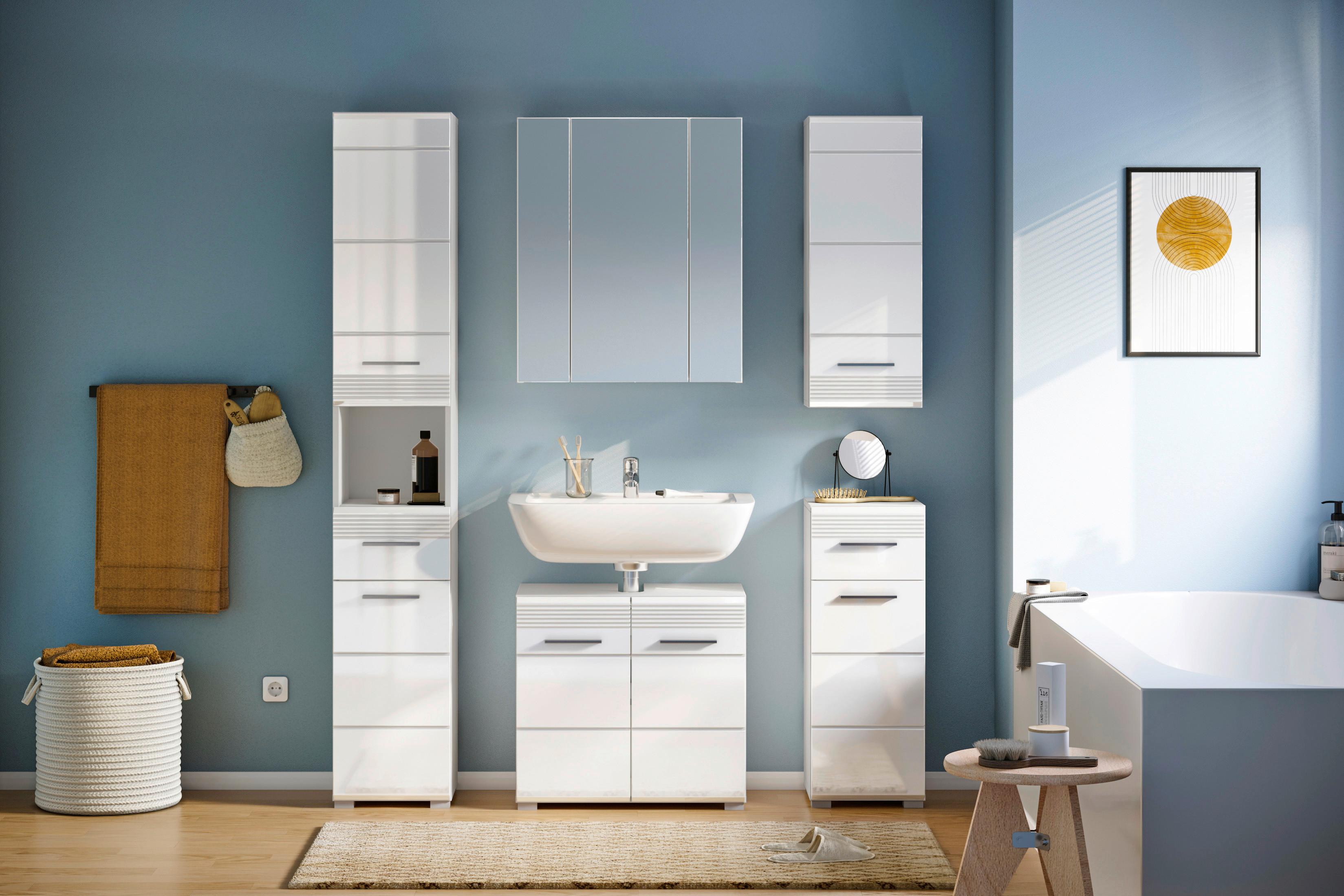 Badezimmer Linus 5-tlg. ca. 120 cm Weiß - Weiß Hochglanz/Silberfarben, MODERN, Glas/Holzwerkstoff (120cm) - MID.YOU