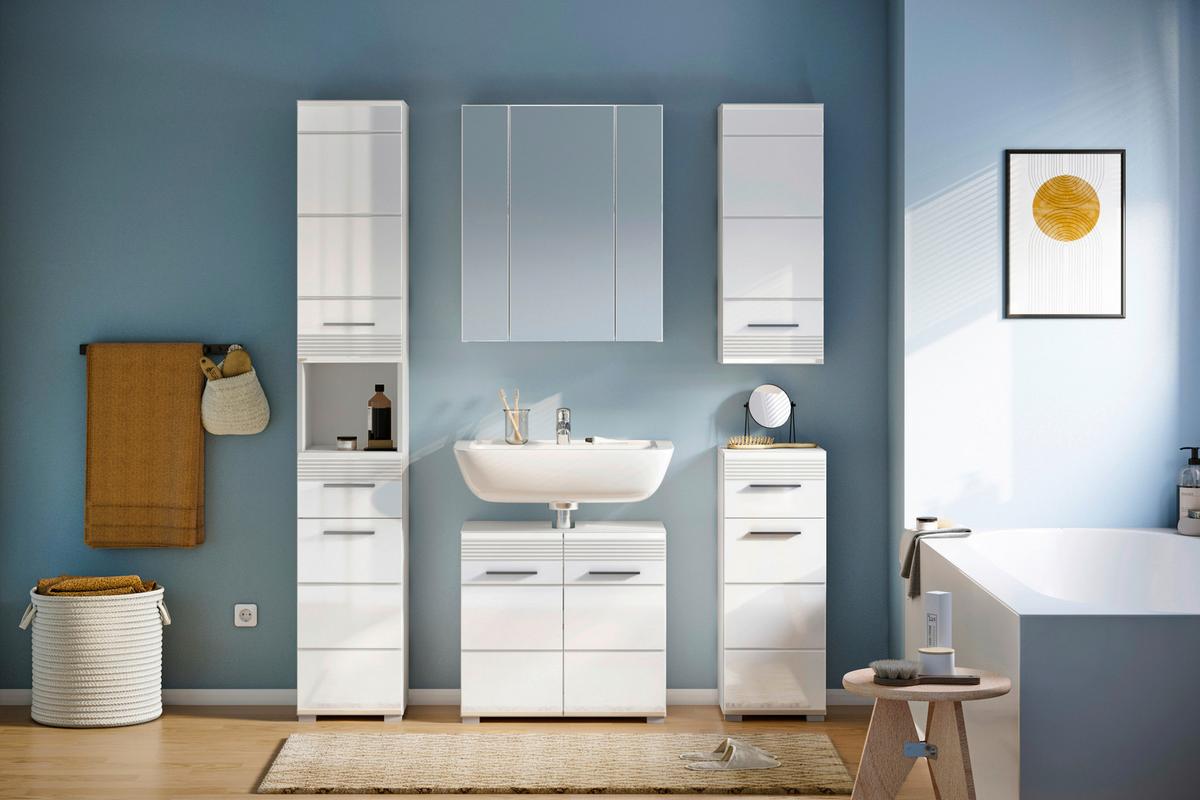 Badezimmer Linus 5-tlg. ca. 120 cm Weiß - Weiß Hochglanz/Silberfarben, MODERN, Glas/Holzwerkstoff (120cm) - MID.YOU