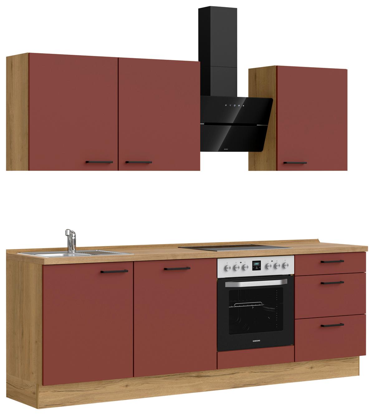 Küchenblock Easytouch High m. Geräten Dunkelrot - Eichefarben/Schwarz, MODERN, Holzwerkstoff/Metall (240cm) - Nobilia