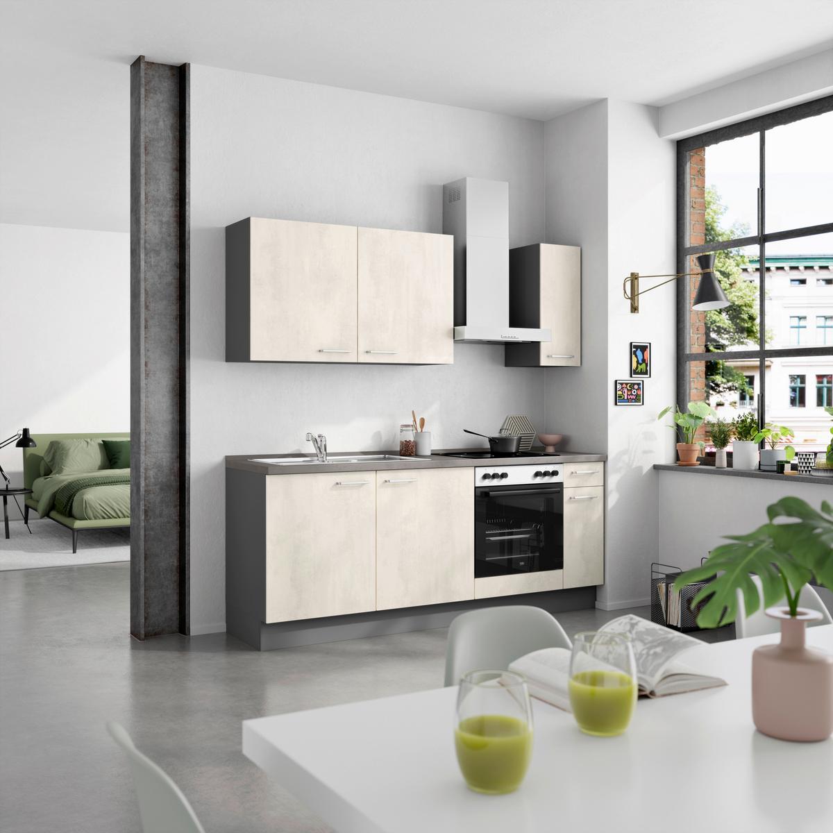 Küchenblock Riva Low m. Geräten Weiß - Schieferfarben/Edelstahlfarben, MODERN, Holzwerkstoff/Metall (210cm) - Nobilia