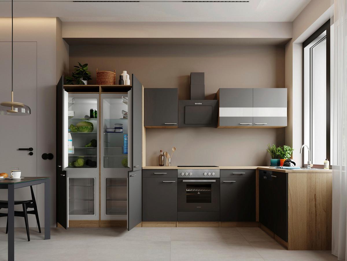 Eckküche Merle m. Geräten ca. 340x172cm Grau - Edelstahlfarben/Eichefarben, Trend, Holzwerkstoff/Metall (340/172cm) - Respekta