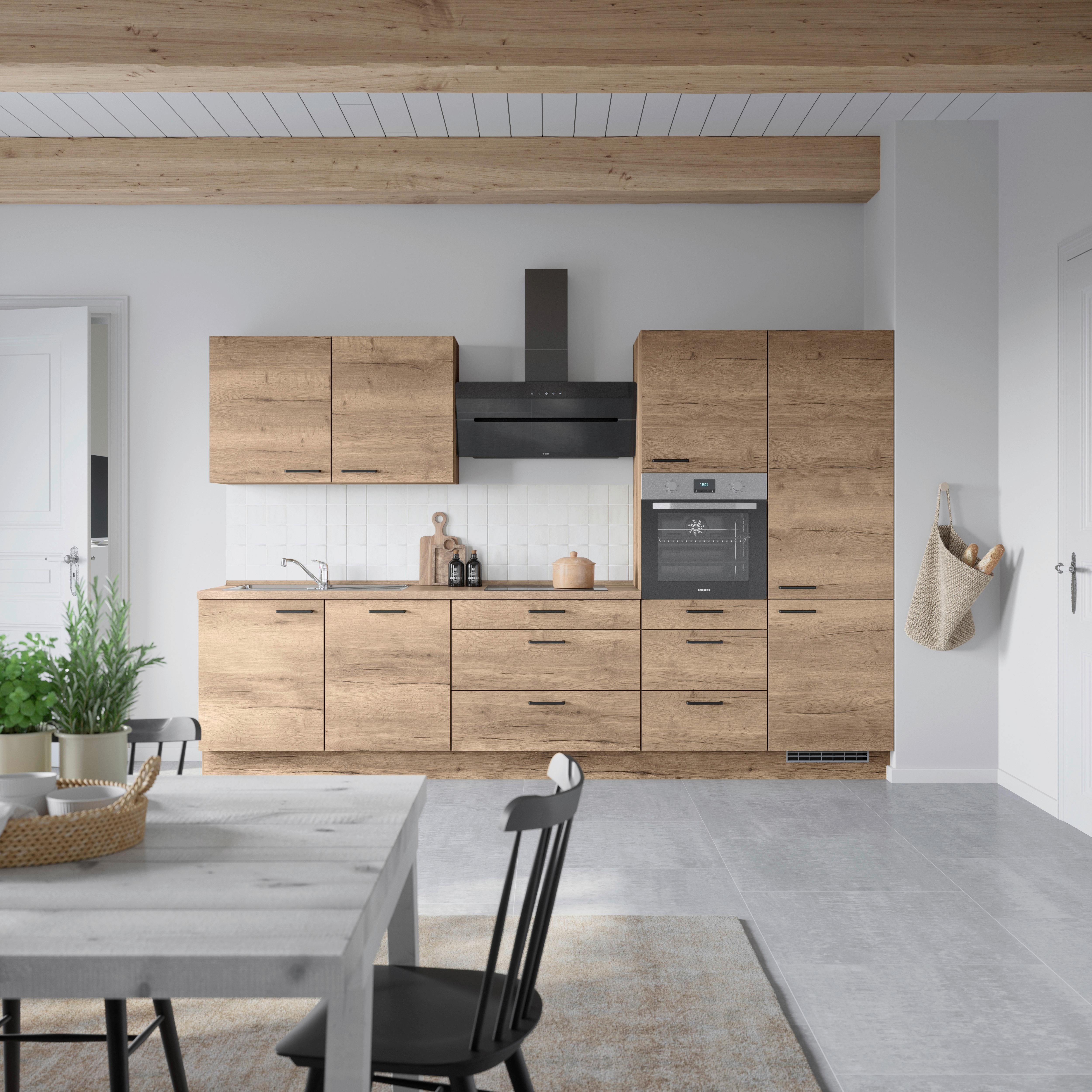 Küchenblock Structura High m. Geräten Eiche dunkel - Eiche dunkel/Schwarz, MODERN, Holzwerkstoff/Metall (330cm) - Nobilia
