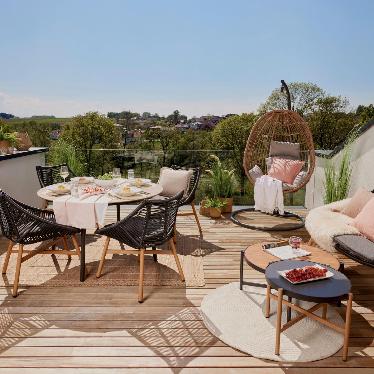 Gartentischgruppe Carmello Schwarz/Teakfarben - Anthrazit/Schwarz, Modern, Kunststoff/Textil - Mömax