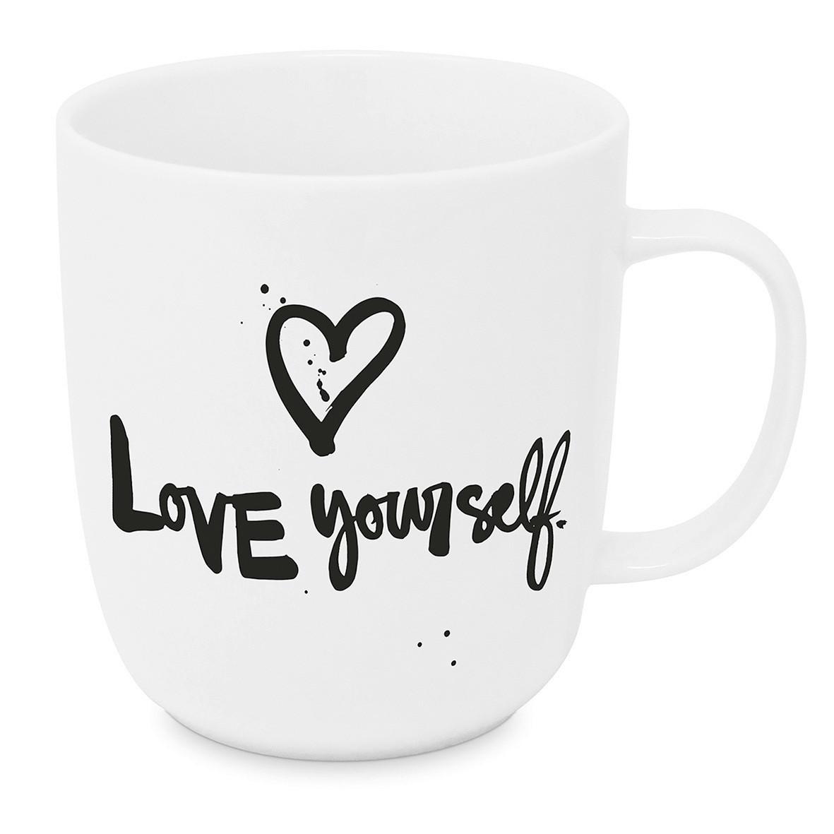 Kaffeebecher Love yourself aus Porzellan ca. 350ml - Schwarz/Weiß, MODERN, Keramik (9/10cm)