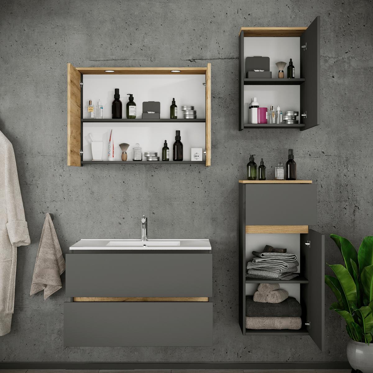 Badezimmer Cosila - Honigeiche/Weiss, Trend, Keramik/Holzwerkstoff (121cm) - MID.YOU