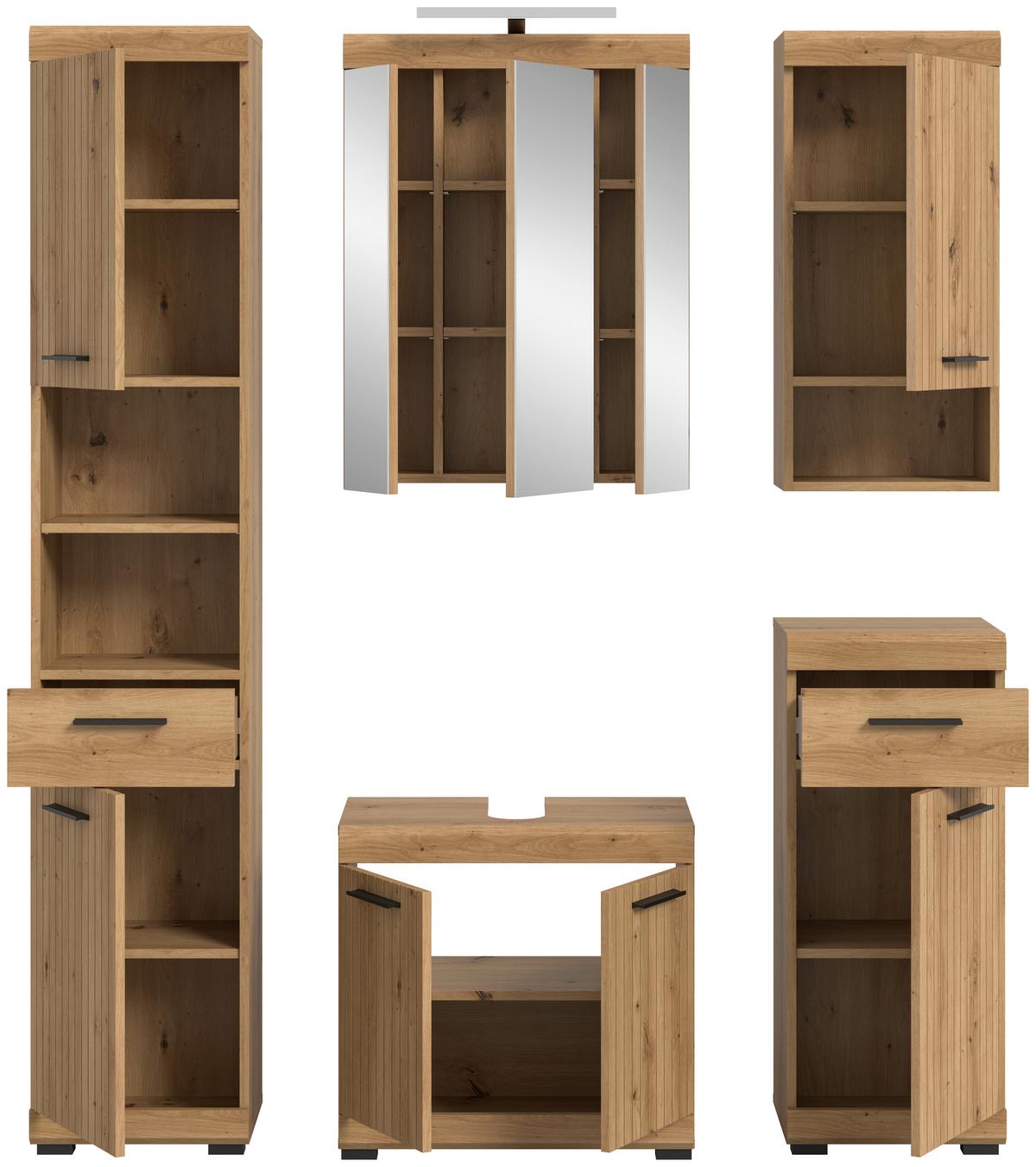 Badezimmer Scout Eiche Artisan 5-teilig - Schwarz/Eiche Artisan, Trend, Glas/Holzwerkstoff (134cm) - MID.YOU