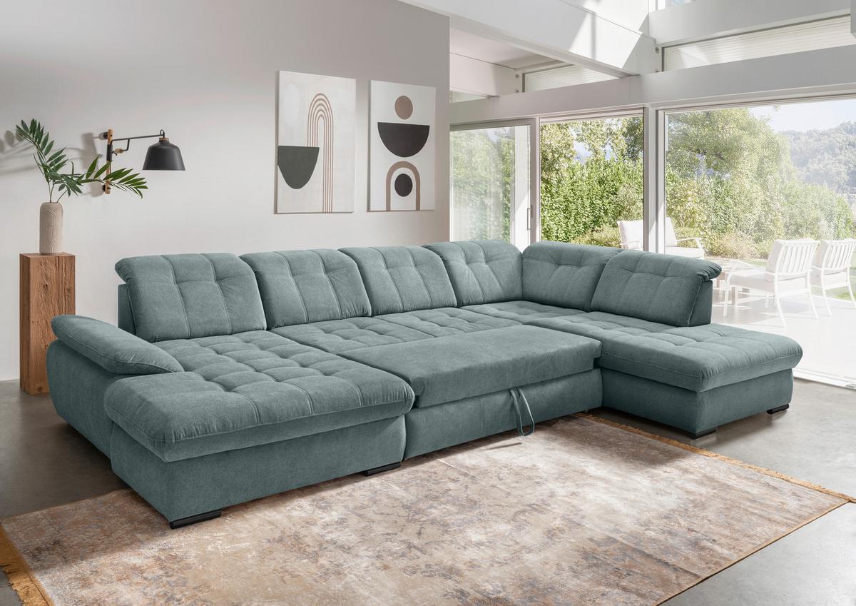 Wohnlandschaft Rigatti Blau Chenille mit Bettkasten - Blau/Schwarz, MODERN, Textil/Metall (184/387/252cm) - Livetastic