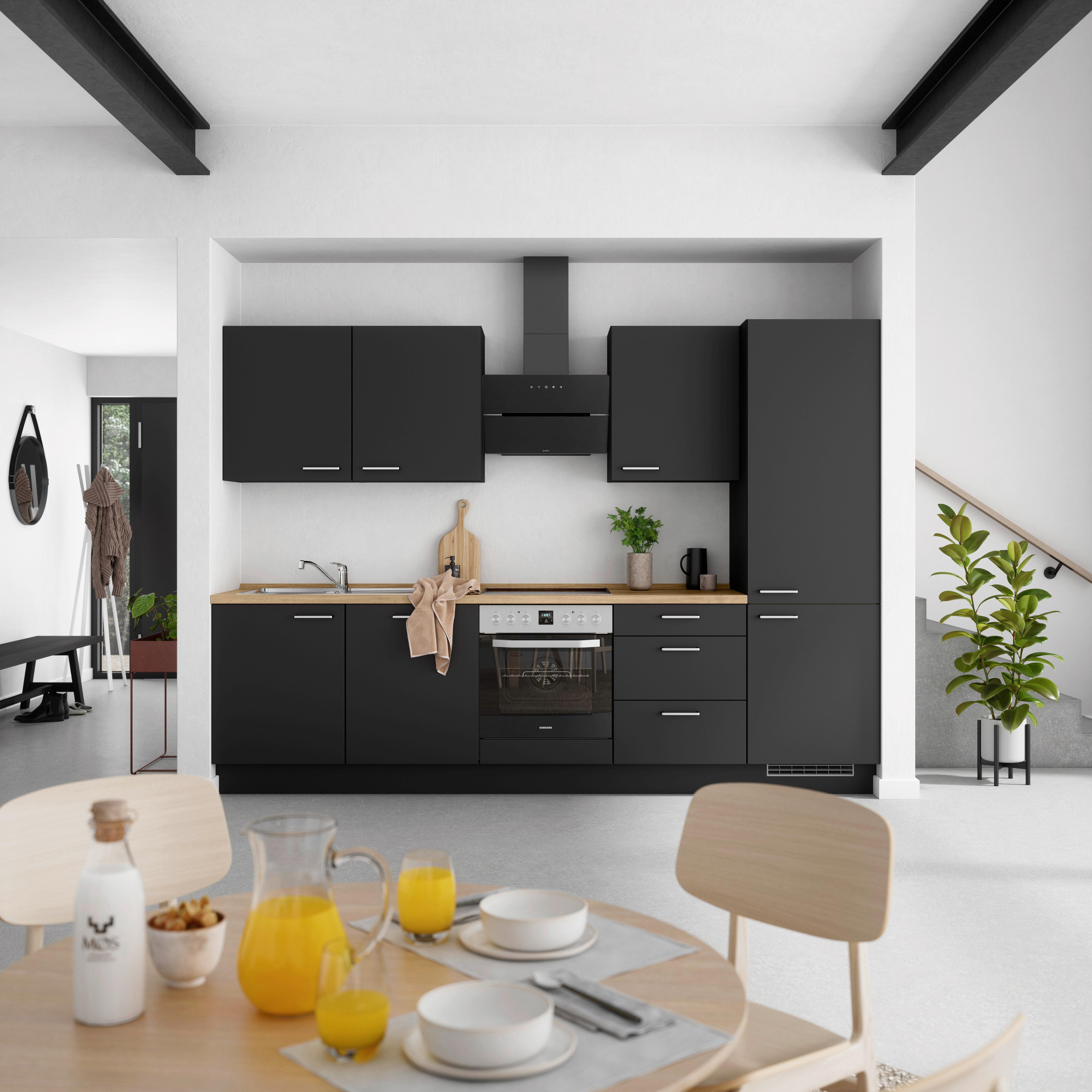 Küchenblock Touch High m. Geräten Schwarz - Edelstahlfarben/Eichefarben, MODERN, Holzwerkstoff/Metall (300cm) - Nobilia