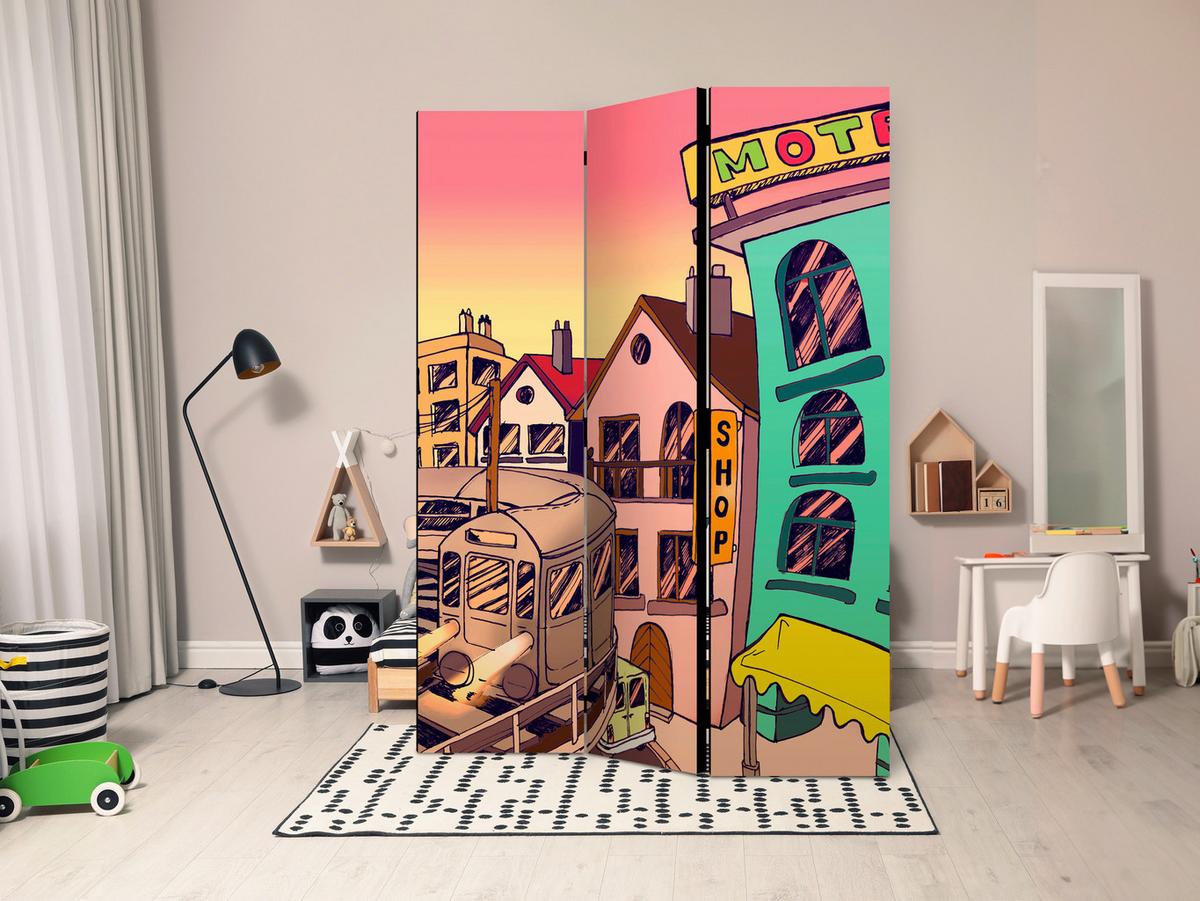 Paravan Morning In A City, 3-Delni, Dvostranski - rumena/pink, Basics, tekstil/les (135/172/3cm) - artgeist