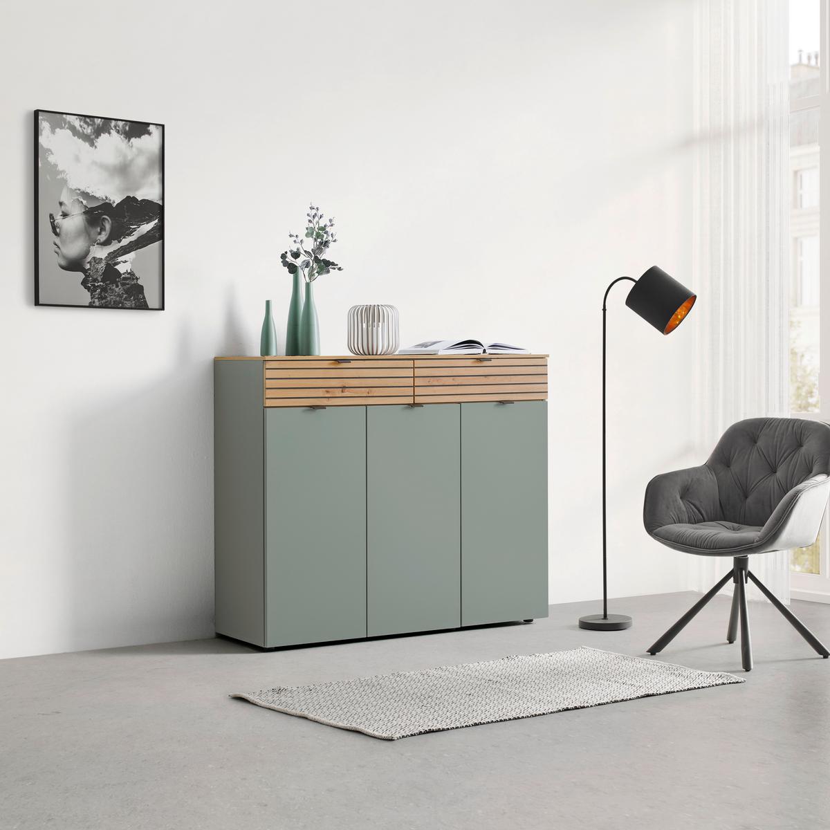 Kommode Bahia-M Grün/Eiche Artisan - Schwarz/Eiche Artisan, MODERN, Holzwerkstoff/Metall (122/101/41cm) - Mömax