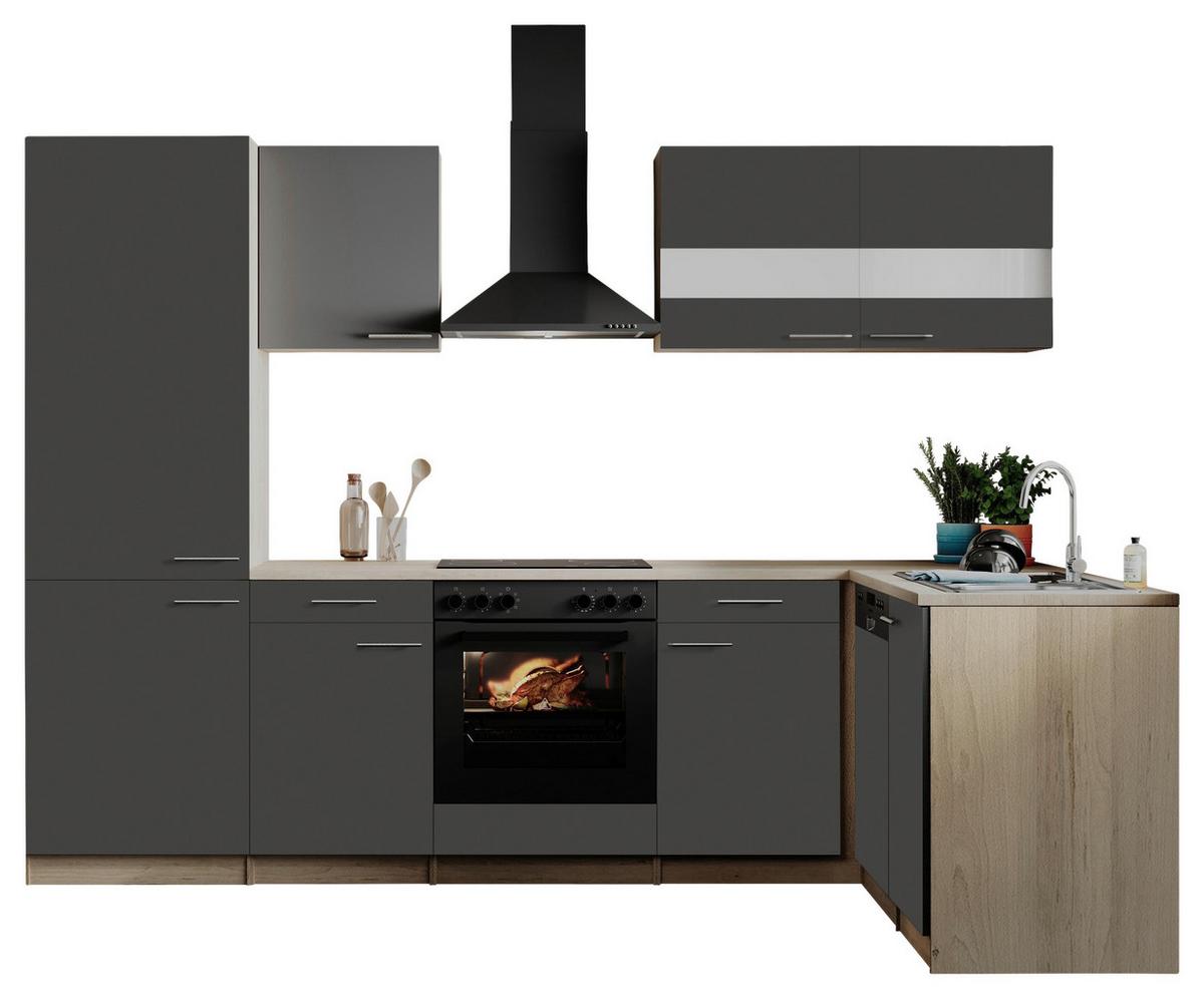 Eckküche Merle m. Geräten ca. 280x172cm Grau - Edelstahlfarben/Eichefarben, Basics, Holzwerkstoff/Metall (280/172cm) - Respekta