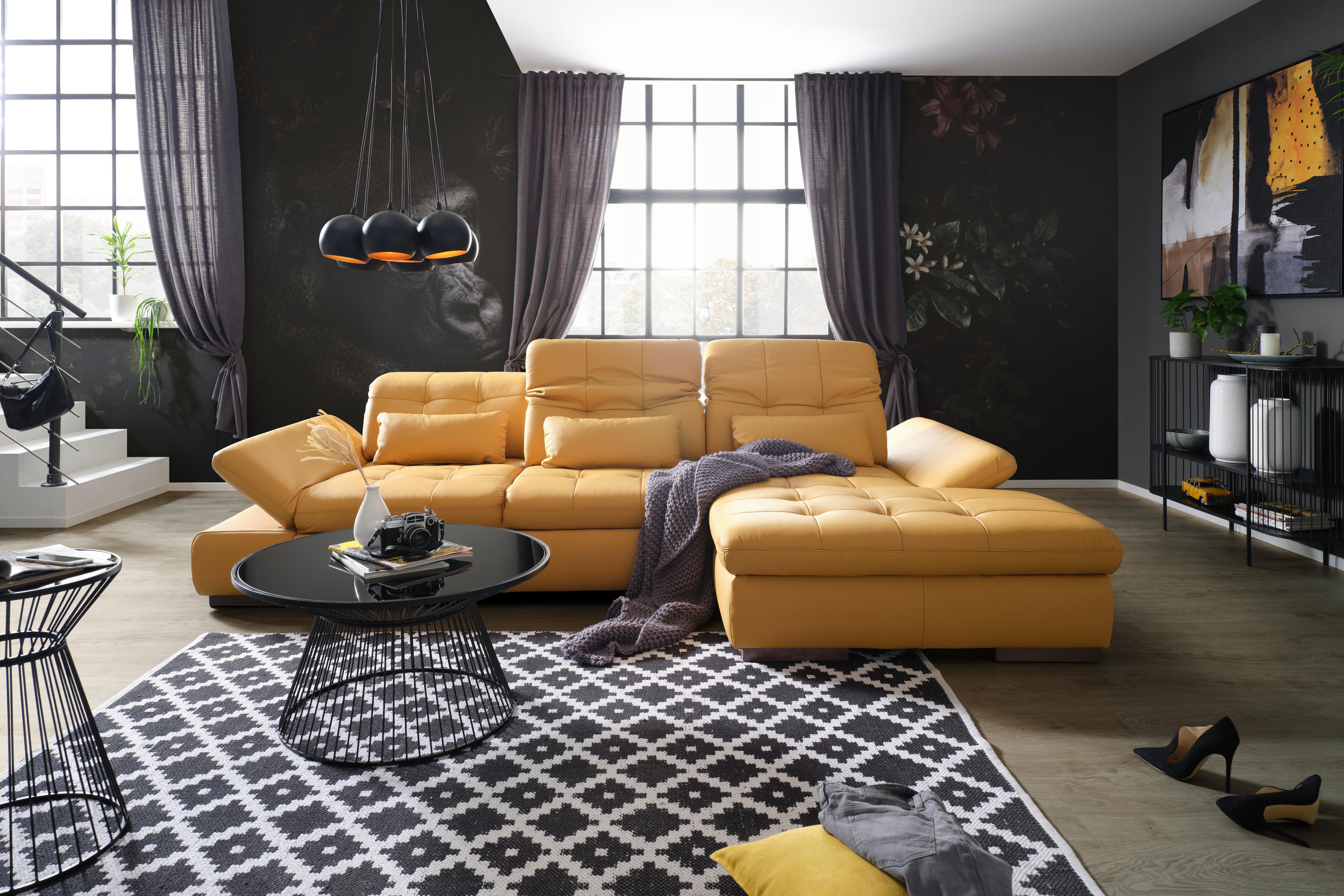 Wohnlandschaft Sanfino in Gelb mit Bettfunktion - Currygelb/Chromfarben, KONVENTIONELL, Leder/Metall (305/199cm) - Premium Living