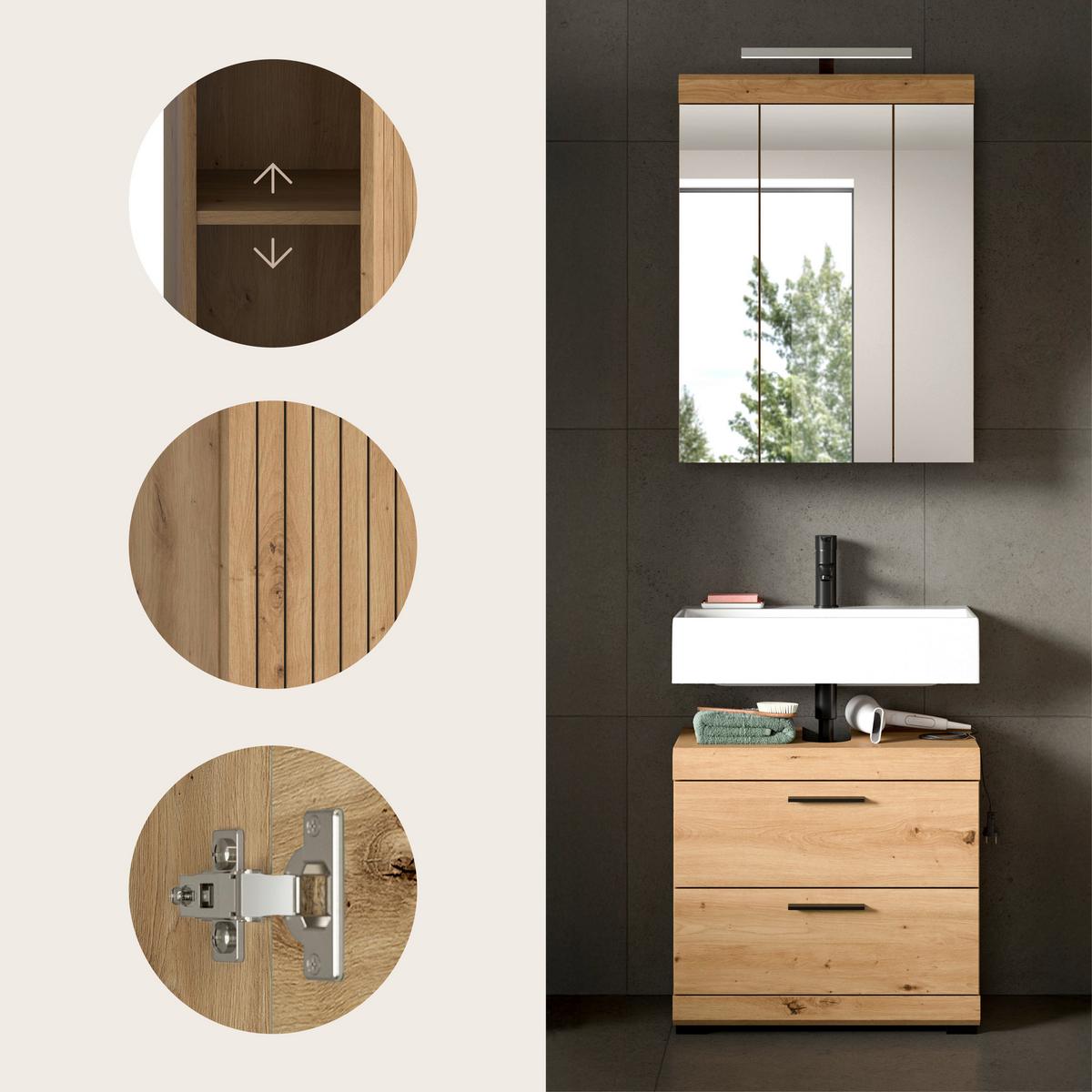 Badezimmer Scout Eiche Artisan 2-teilig - Schwarz/Eiche Artisan, Trend, Glas/Holzwerkstoff (60cm) - MID.YOU