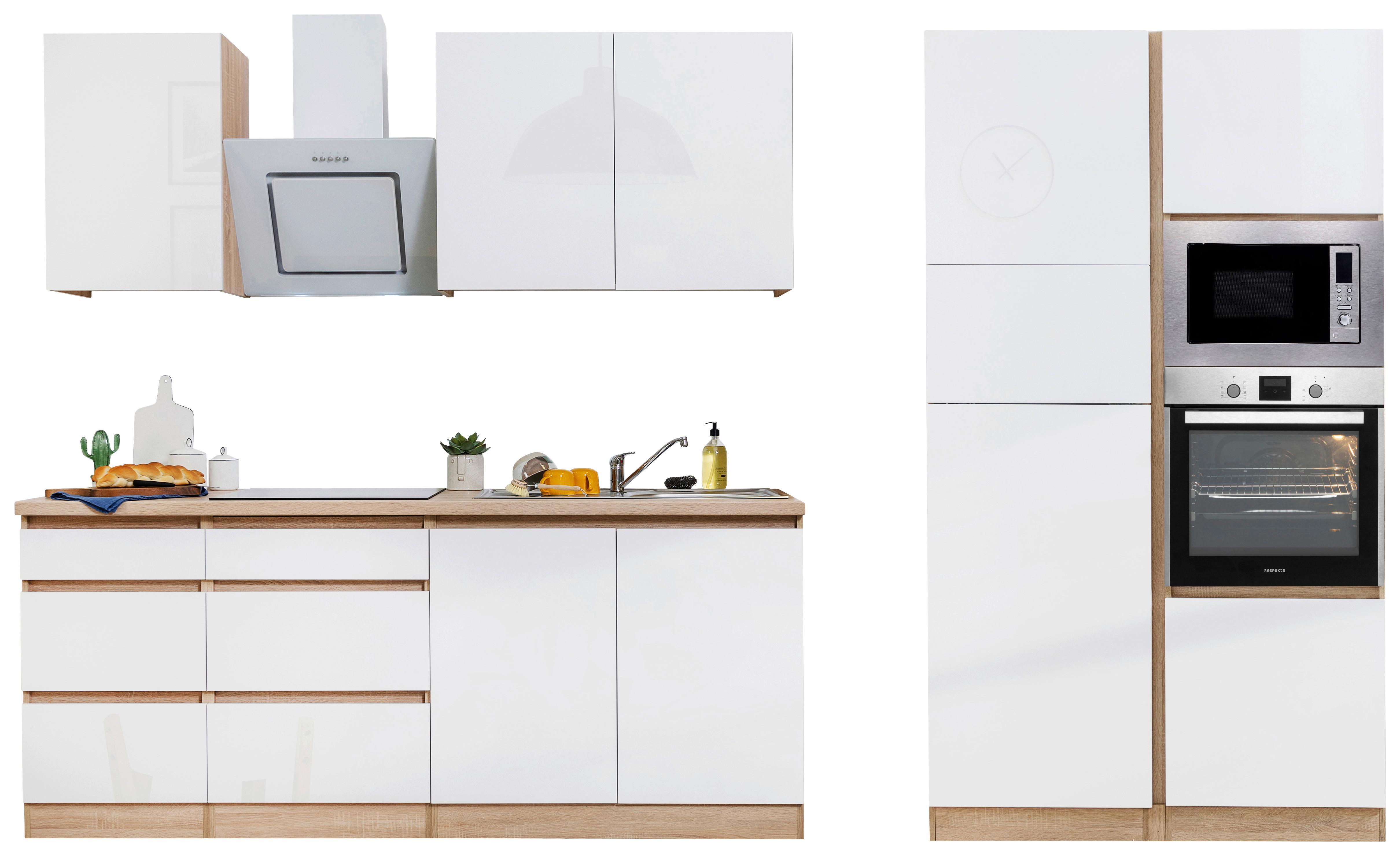 Küchenblock Lorena mit Geräten ca. 335 cm Weiß - Eichefarben/Weiß, Basics, Holzwerkstoff (335cm) - Respekta