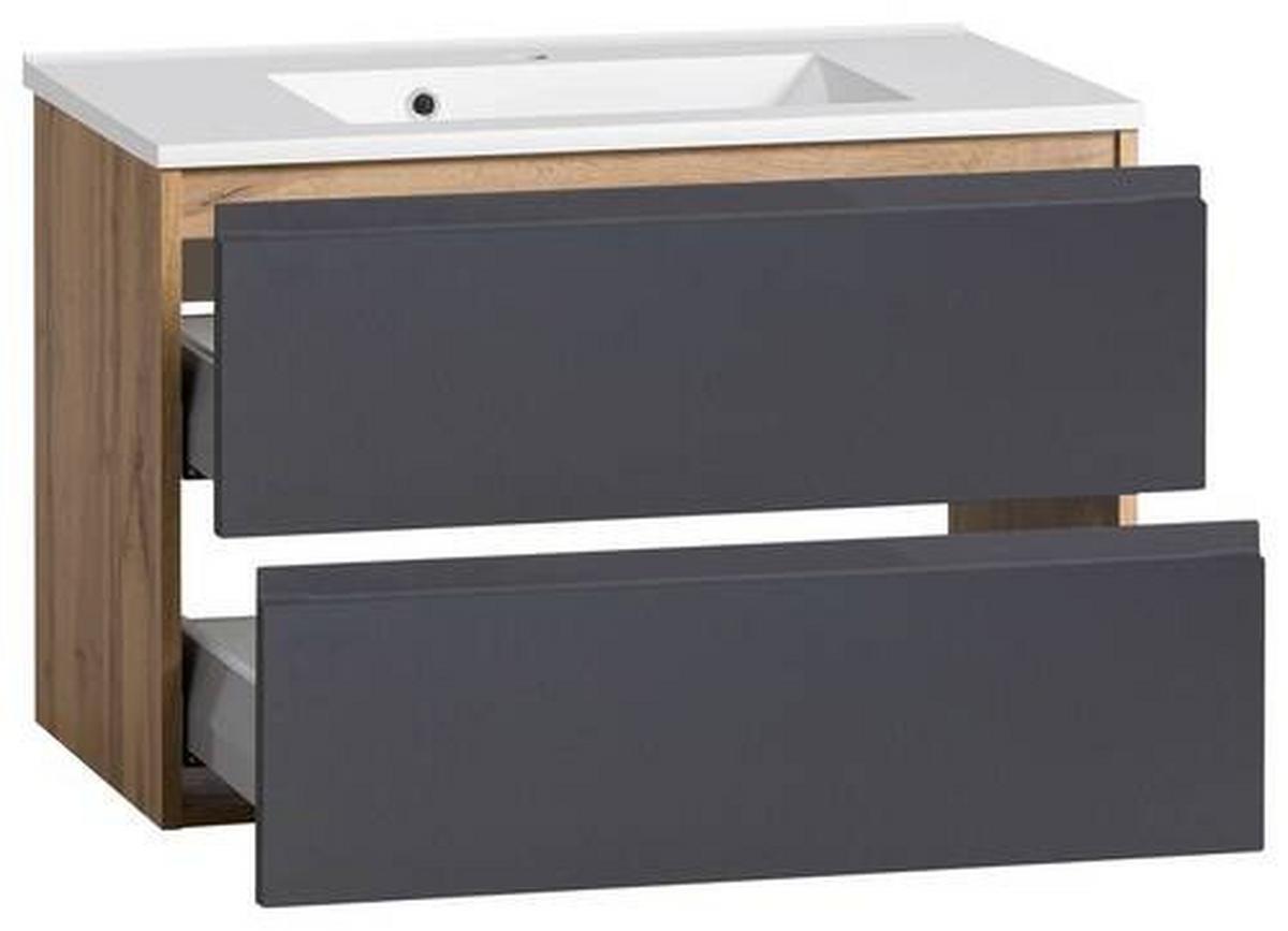 Waschtischkombi Varese ca. 80 cm Grau/Eiche - Eiche Wotan/Weiß, MODERN, Holzwerkstoff/Stein (80cm) - Held