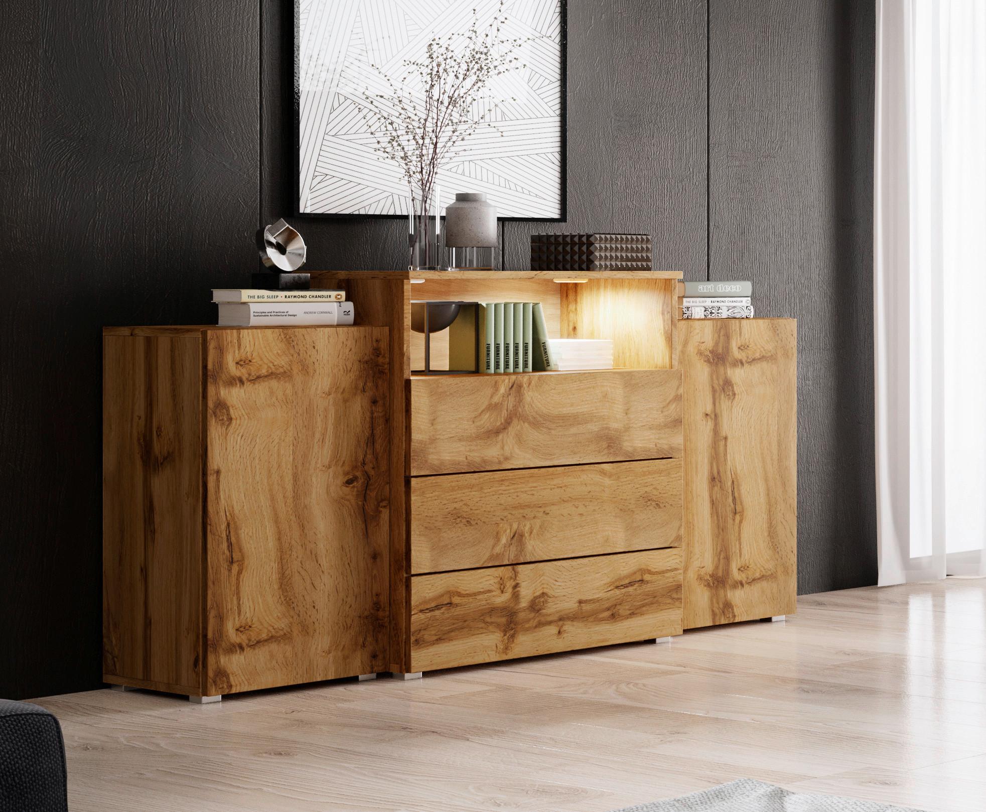 Sideboard Urban III mit LED ca. 150x69 cm Eiche Wotan - Eiche Wotan/Grau, LIFESTYLE, Holzwerkstoff/Kunststoff (150/68,7/32,5cm) - P & B