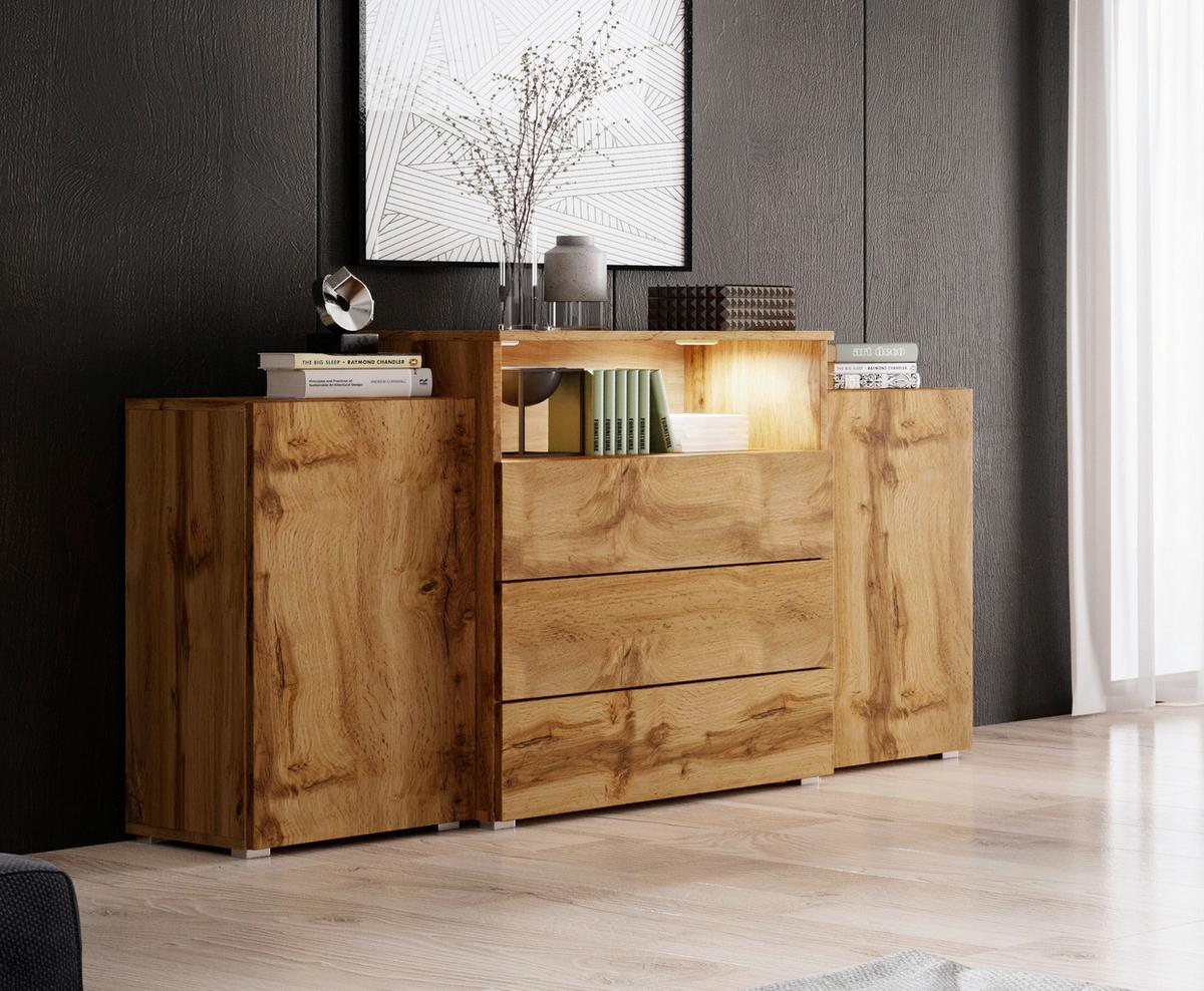 Sideboard Urban III mit LED ca. 150x69 cm Eiche Wotan - Eiche Wotan/Grau, LIFESTYLE, Holzwerkstoff/Kunststoff (150/68,7/32,5cm) - P & B