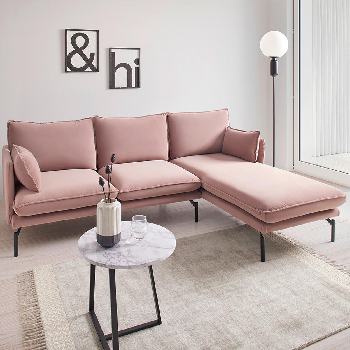 Wohnlandschaft Rosa in Rosa Samt - Schwarz/Rosa, Modern, Textil/Metall (226/84/163cm) - Bessagi Home