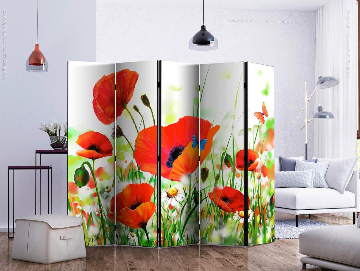 Paravan Country Poppies I, Dvostranski, 5-Delni - rdeča/zelena, Basics, tekstil/les (225/172/3cm) - artgeist
