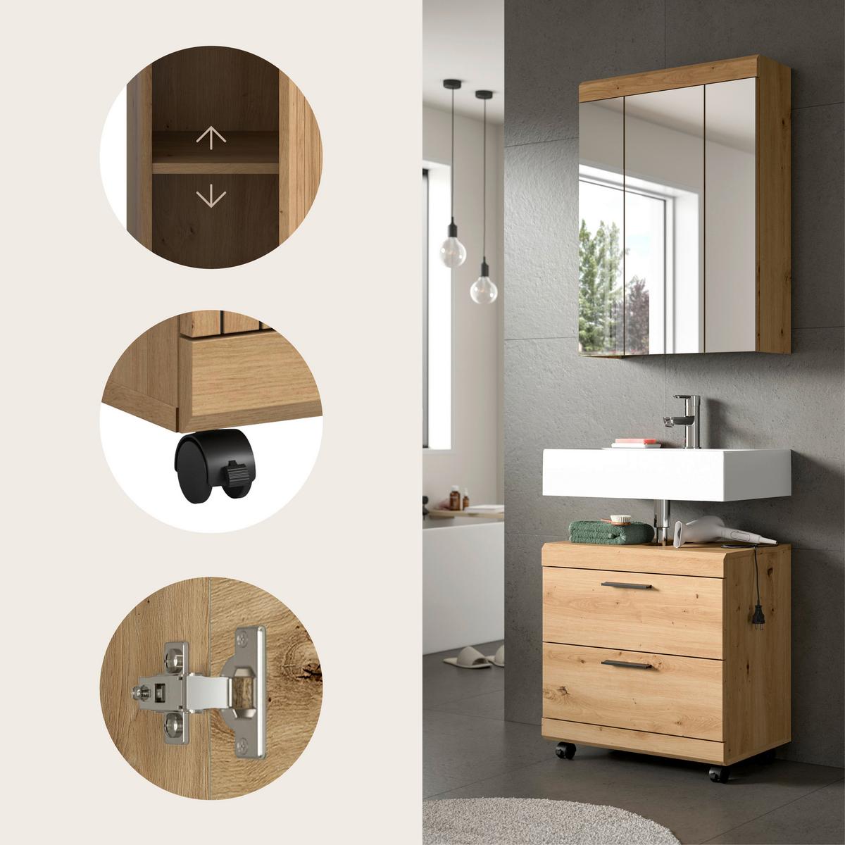 Badezimmer Scout Eiche Artisan 2-teilig - Schwarz/Eiche Artisan, Trend, Glas/Holzwerkstoff (60cm) - MID.YOU