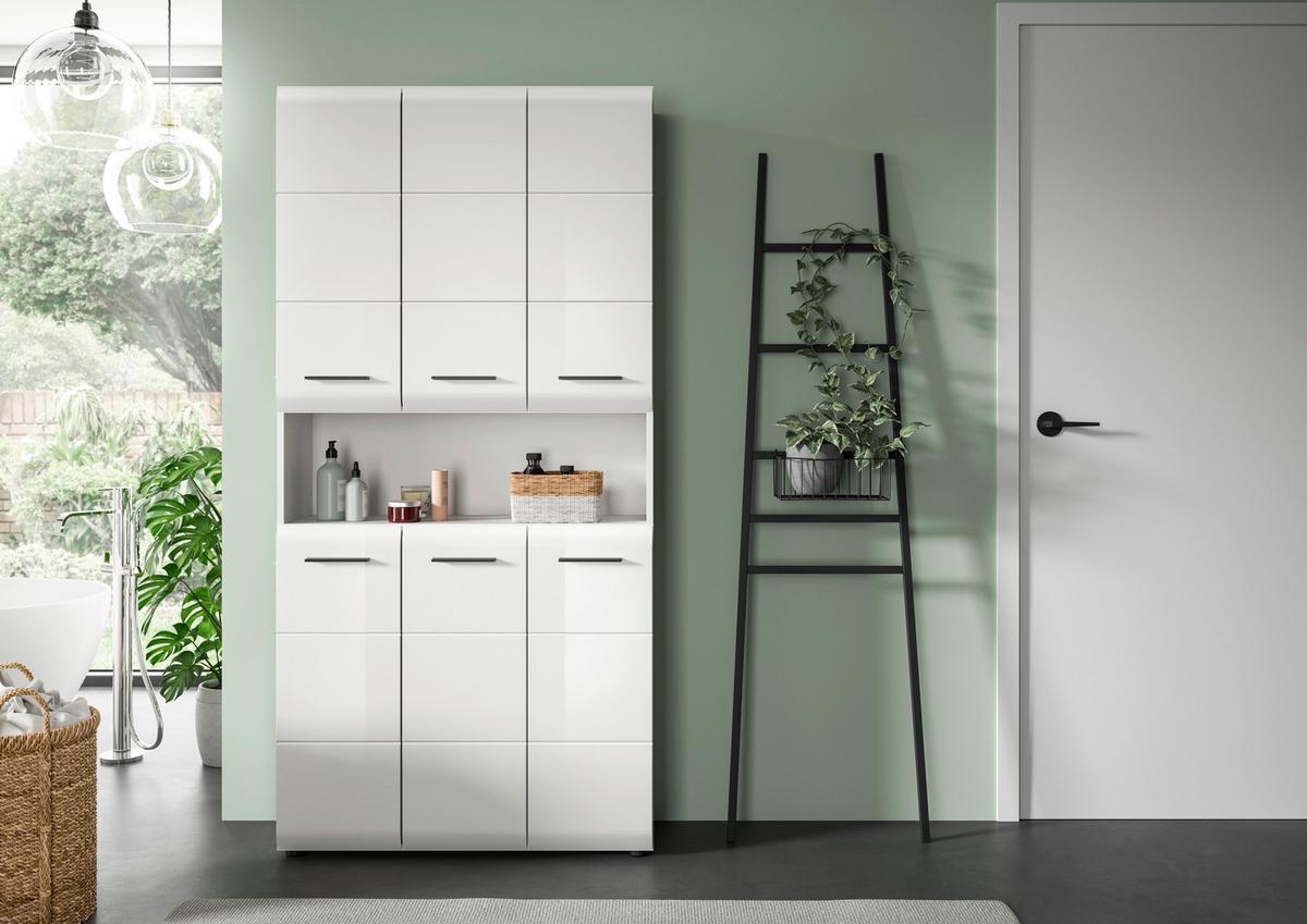 Hochschrank Ice ca. 90x185x30 cm Weiß - Weiß Hochglanz/Silberfarben, MODERN, Holzwerkstoff/Kunststoff (90/185/30cm) - MID.YOU