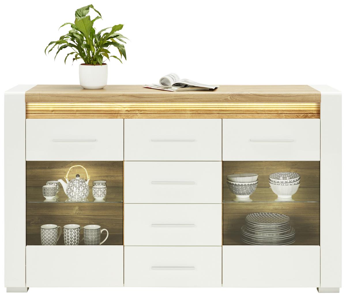 Servantă LEONARDO - alb/culoare lemn stejar, Modern, sticlă/material pe bază de lemn (160/96/40cm) - Modern Living